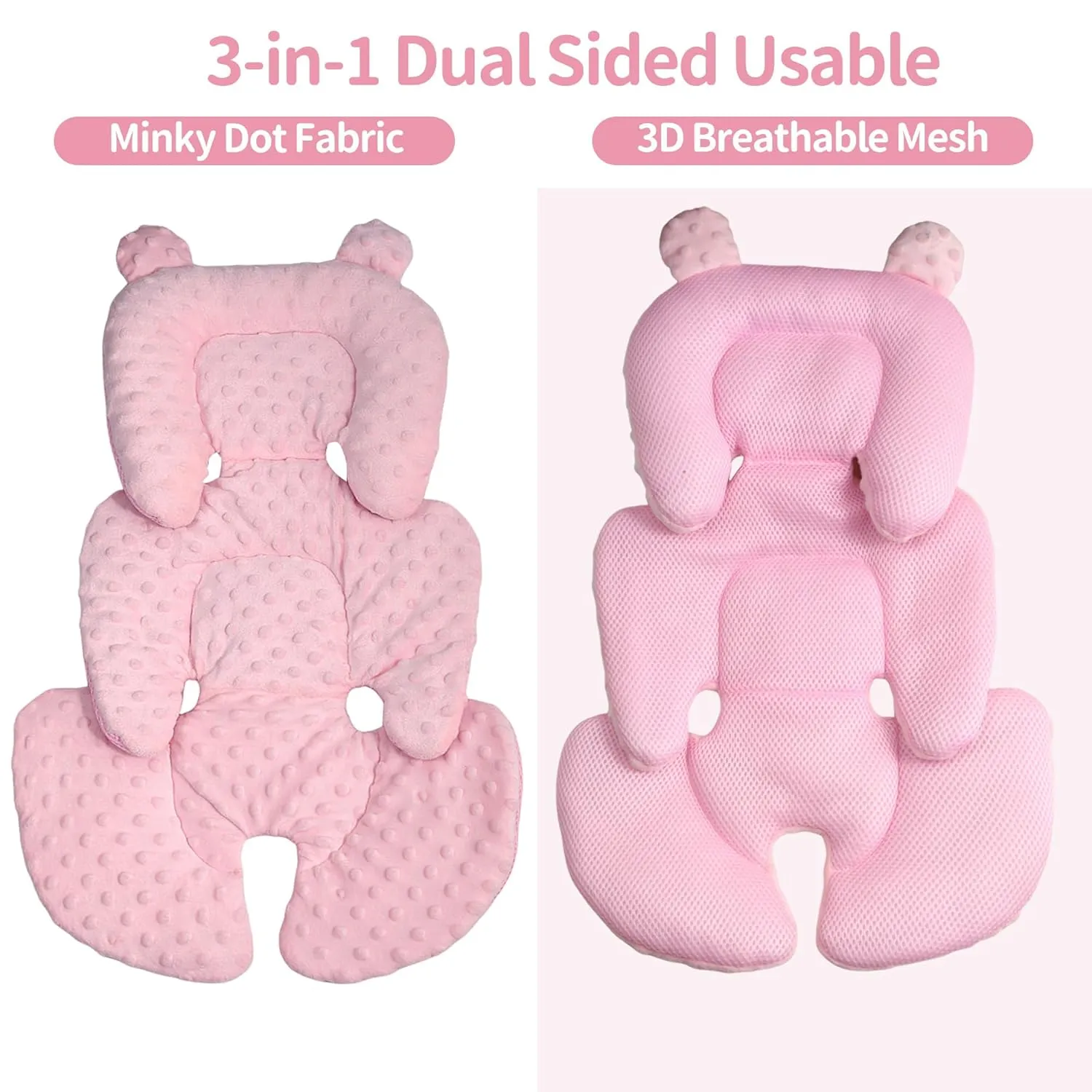 3in1 Reversible Carseat Head Body Support Newborn,3D Minnky Infant Car Seat Insert,Extra Soft Breathable Baby Car Seat Pillow Cushion Boys Girls,fit Stroller,Bouncer,Swing(Pink)