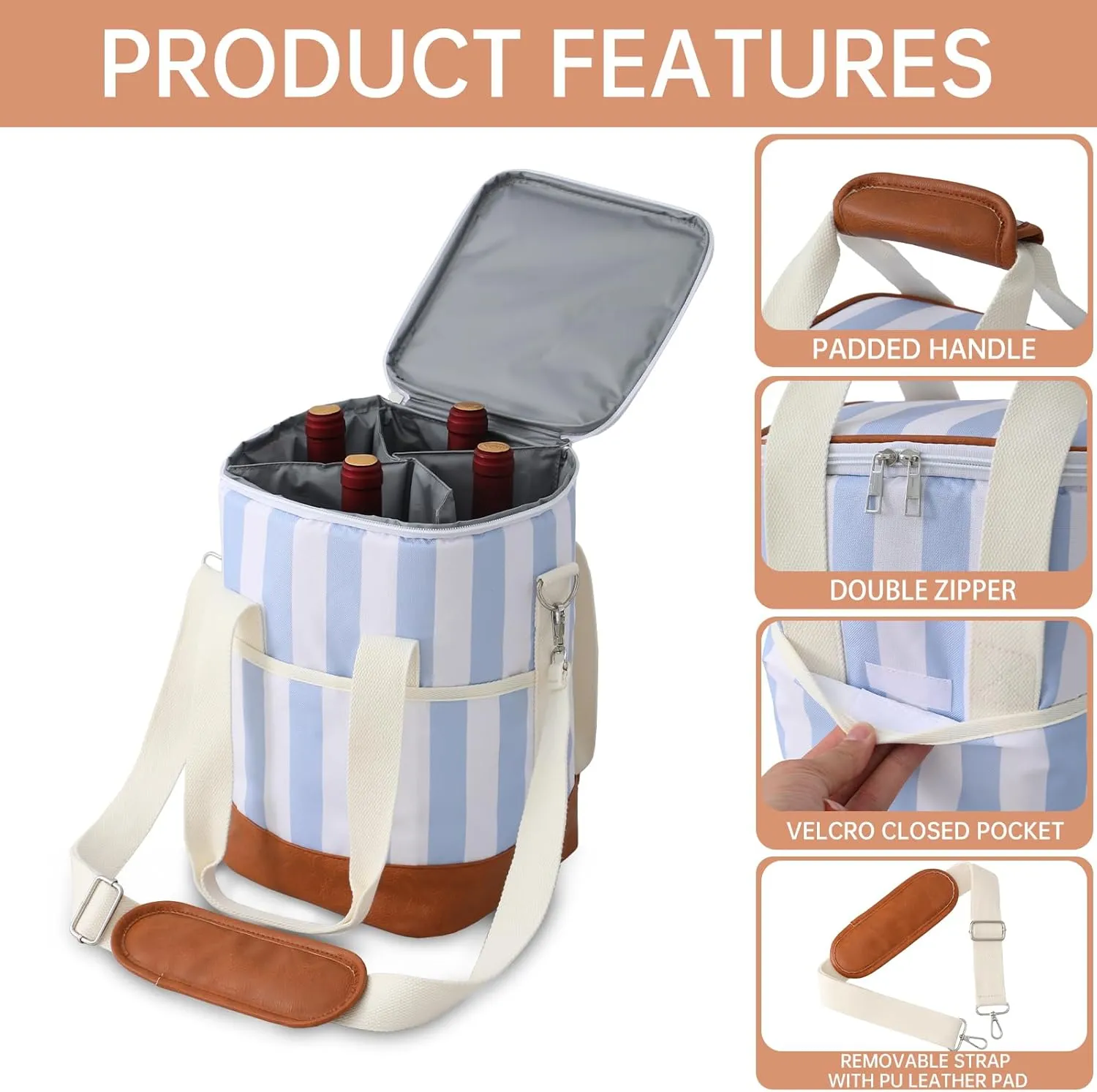 4 Bottle Wine Tote Bag - Leakproof & Insulated Wine Carrier Travel Padded Wine Cooler Bag with Adjustable Strap, Picnics, Beach & Parties, Stylish Gift for Wine Lovers (Blue Stripe)