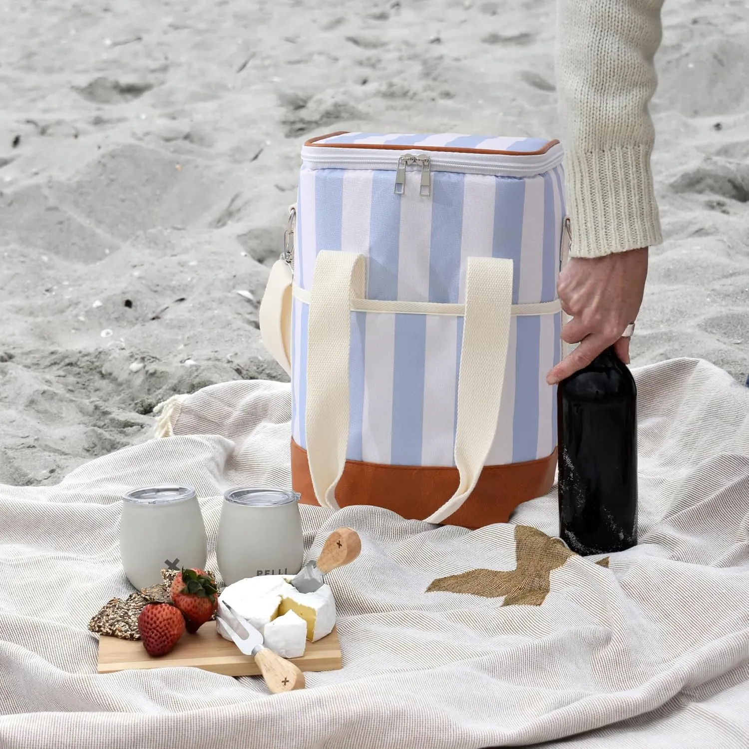 4 Bottle Wine Tote Bag - Leakproof & Insulated Wine Carrier Travel Padded Wine Cooler Bag with Adjustable Strap, Picnics, Beach & Parties, Stylish Gift for Wine Lovers (Blue Stripe)