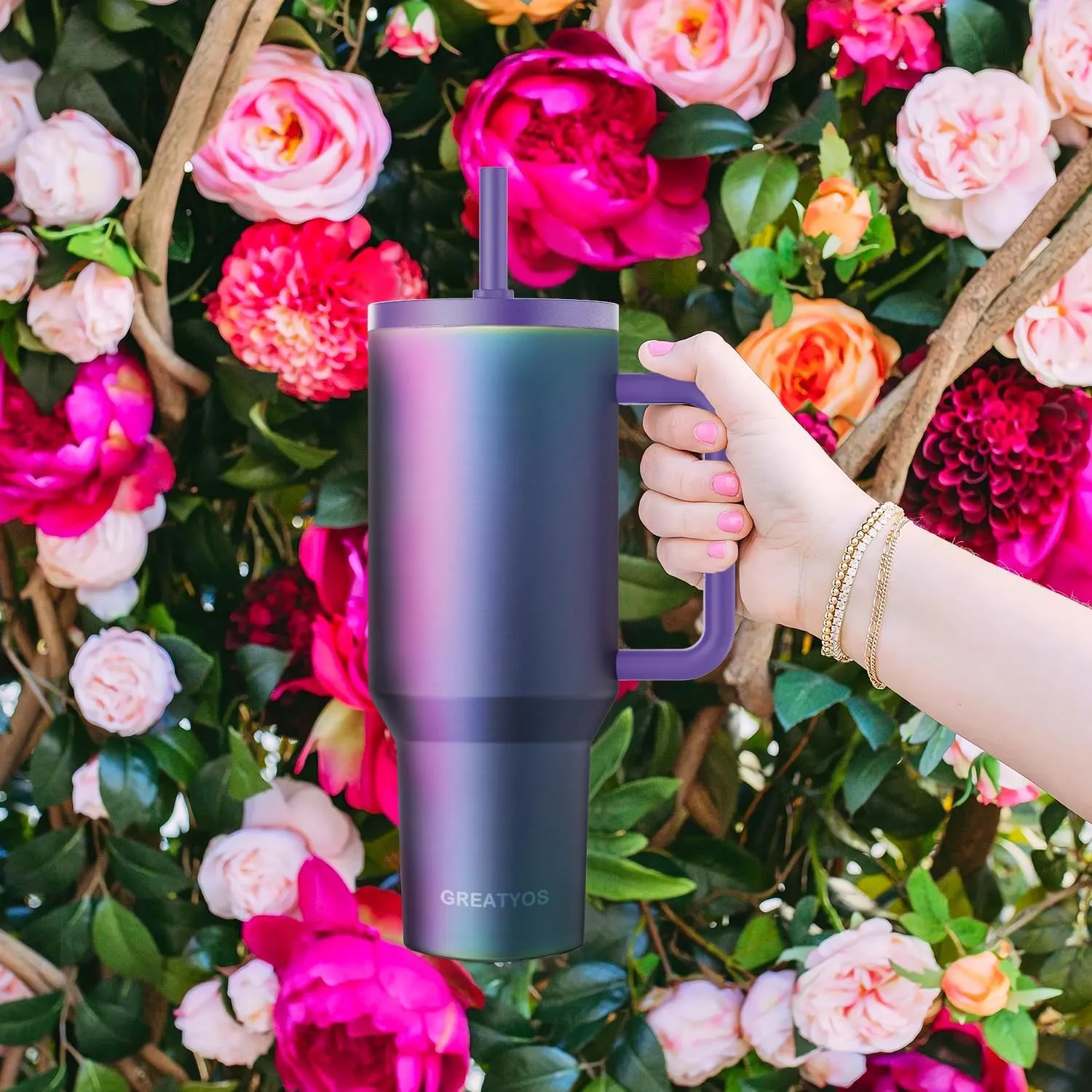 40 oz Tumbler with Handle and Flip Straw Lid - Upgraded Insulated Traveler Tumblers with Lids Straws Vacuum Leak Proof Stainless Steel 40oz Cup Mug Gifts for Men Women Him Her (Aurora)
