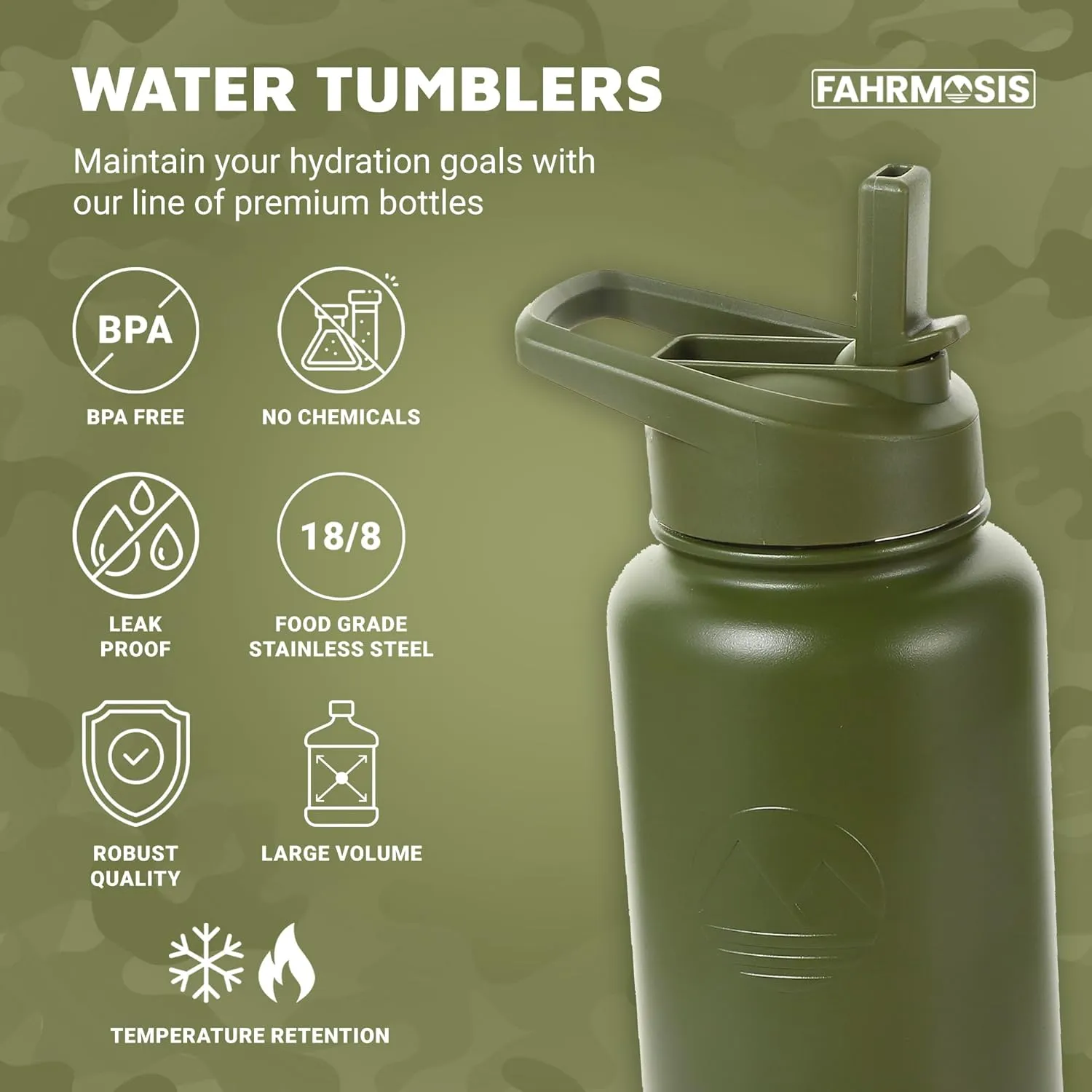 40 Oz Water Bottle with Strap Stainless Steel Sports Water Bottle with 3 Lids (Straw, Chug and Flip Lid) Insulated Leak Proof Metal Jug for Men & Women - Army Green