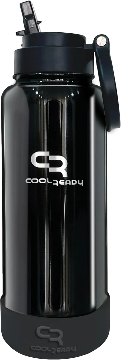 40oz Black Double Walled Insulated Stainless Steel Water Bottle with Straw Lid, Chug Lid, Silicon Boot, Wide Mouth, Workout Bottle for Men and Women