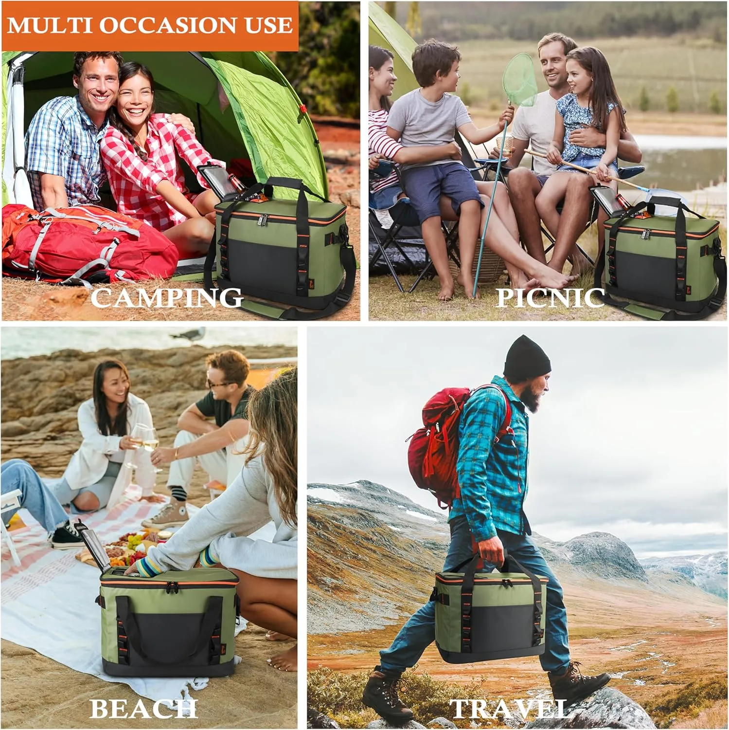 48 Cans Beach Cooler Bags, Large Collapsible Leakproof Soft Camping Coolers, Portable Insulated Beach Cooler Bags with Heavy-Duty Handles for Picnic, Beach, Camping