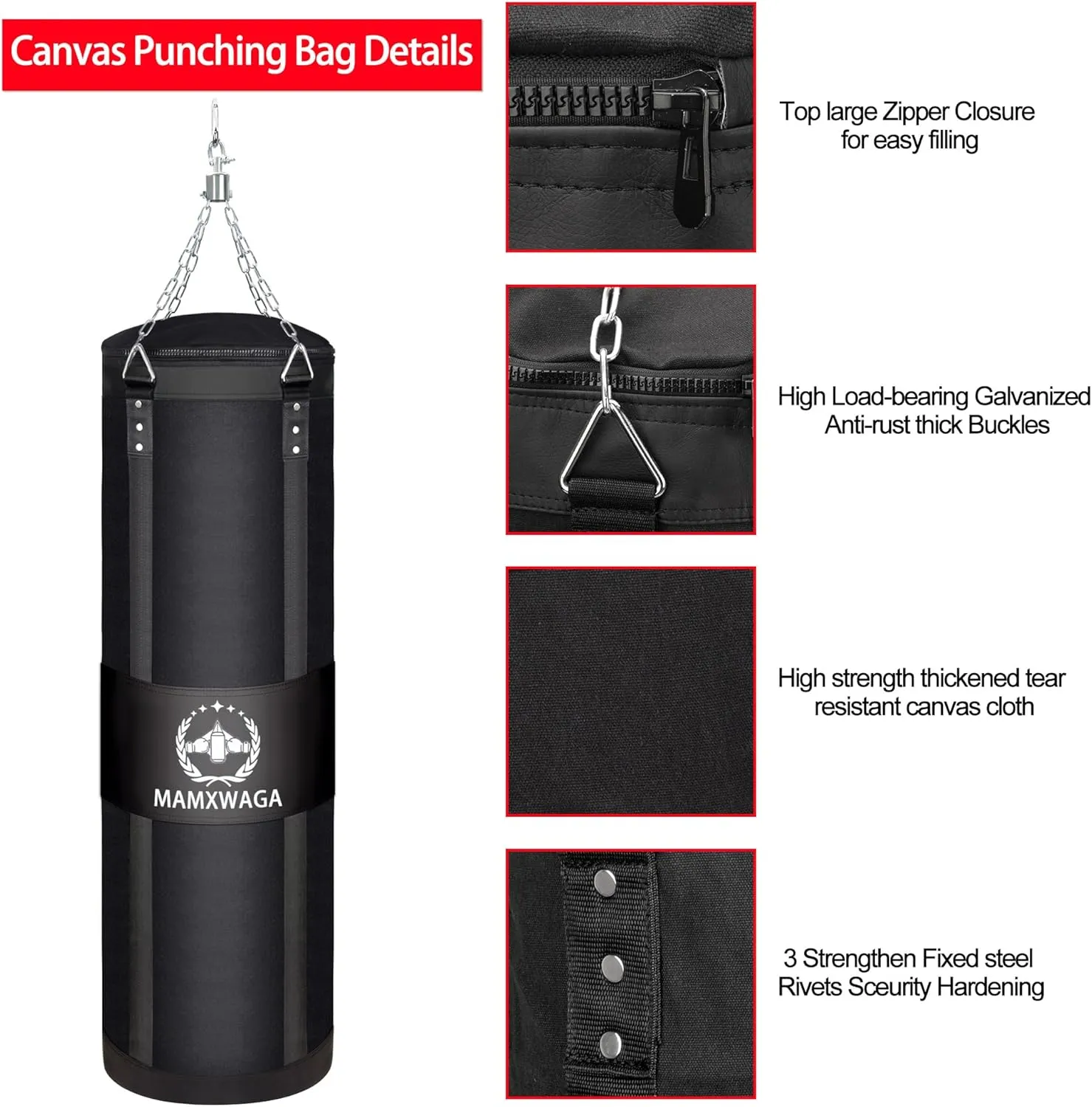 4FT Canvas Punching Bags for Adults, Hanging Heavy Boxing Bag for Kickboxing Karate Taekwondo Muay Thai Training, Max Load-Bearing 180 Lbs (Unfilled)