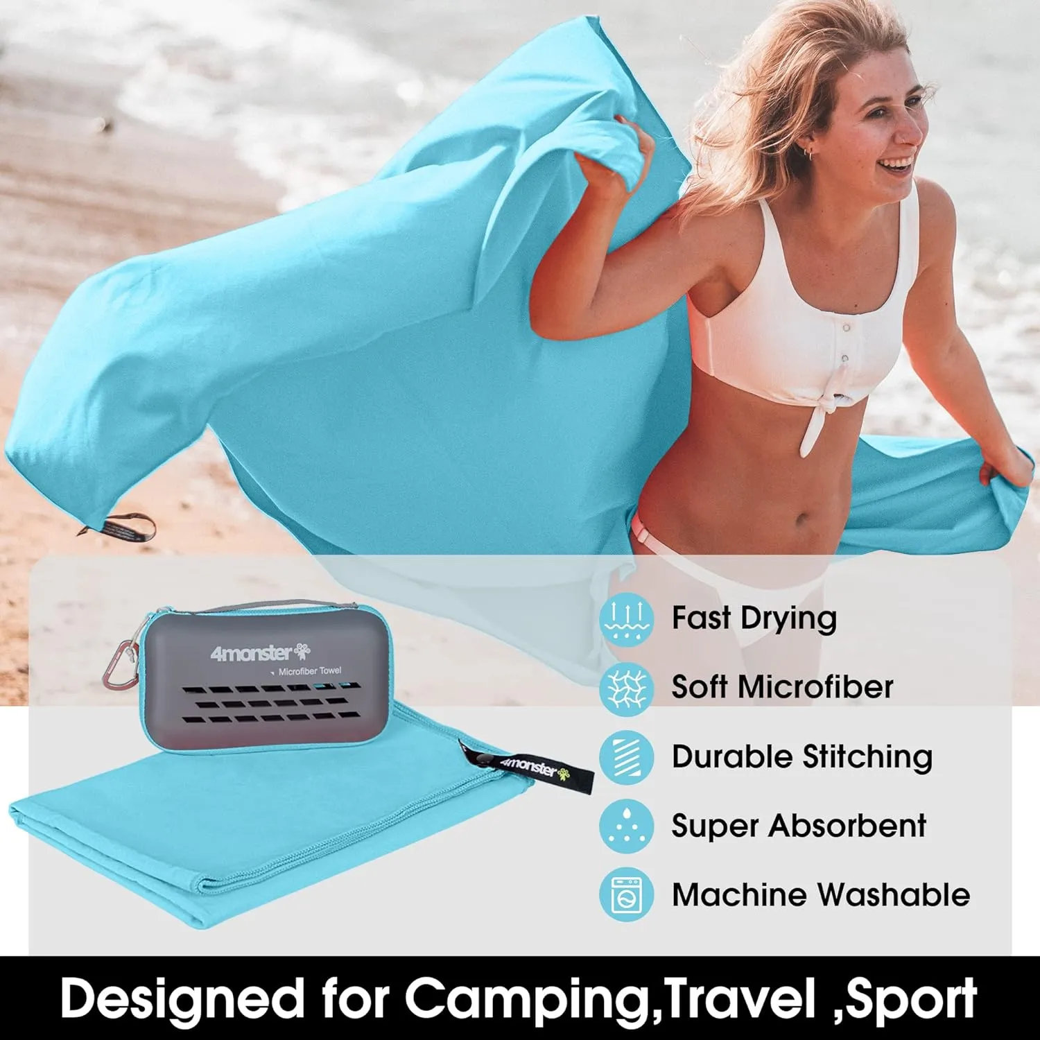 4Monster Camping Towels Super Absorbent, Fast Drying Microfiber Travel Towel, Quick Dry Ultra Soft Compact Gym Towel for Swimming Beach Hiking Yoga Travel Sports Backpack (59.00" x 30.00", Lake-green)