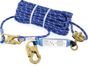 50FT Vertical Lifeline Assembly，Fall Protection Rope with Two Rope Grab Snap Hooks, Shock Absorber，Safety Climbing Equipment Roofing Safety Kit, CE ANSI
