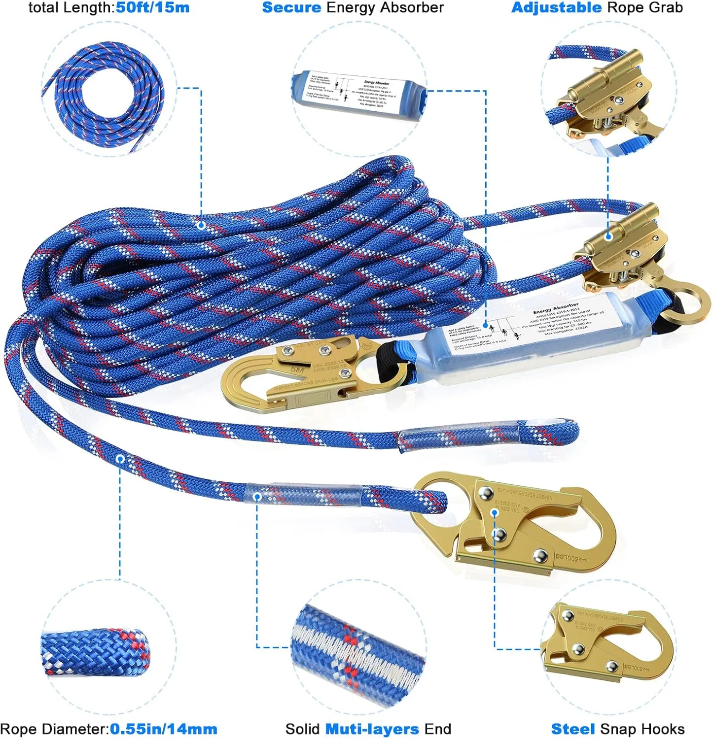 50FT Vertical Lifeline Assembly，Fall Protection Rope with Two Rope Grab Snap Hooks, Shock Absorber，Safety Climbing Equipment Roofing Safety Kit, CE ANSI