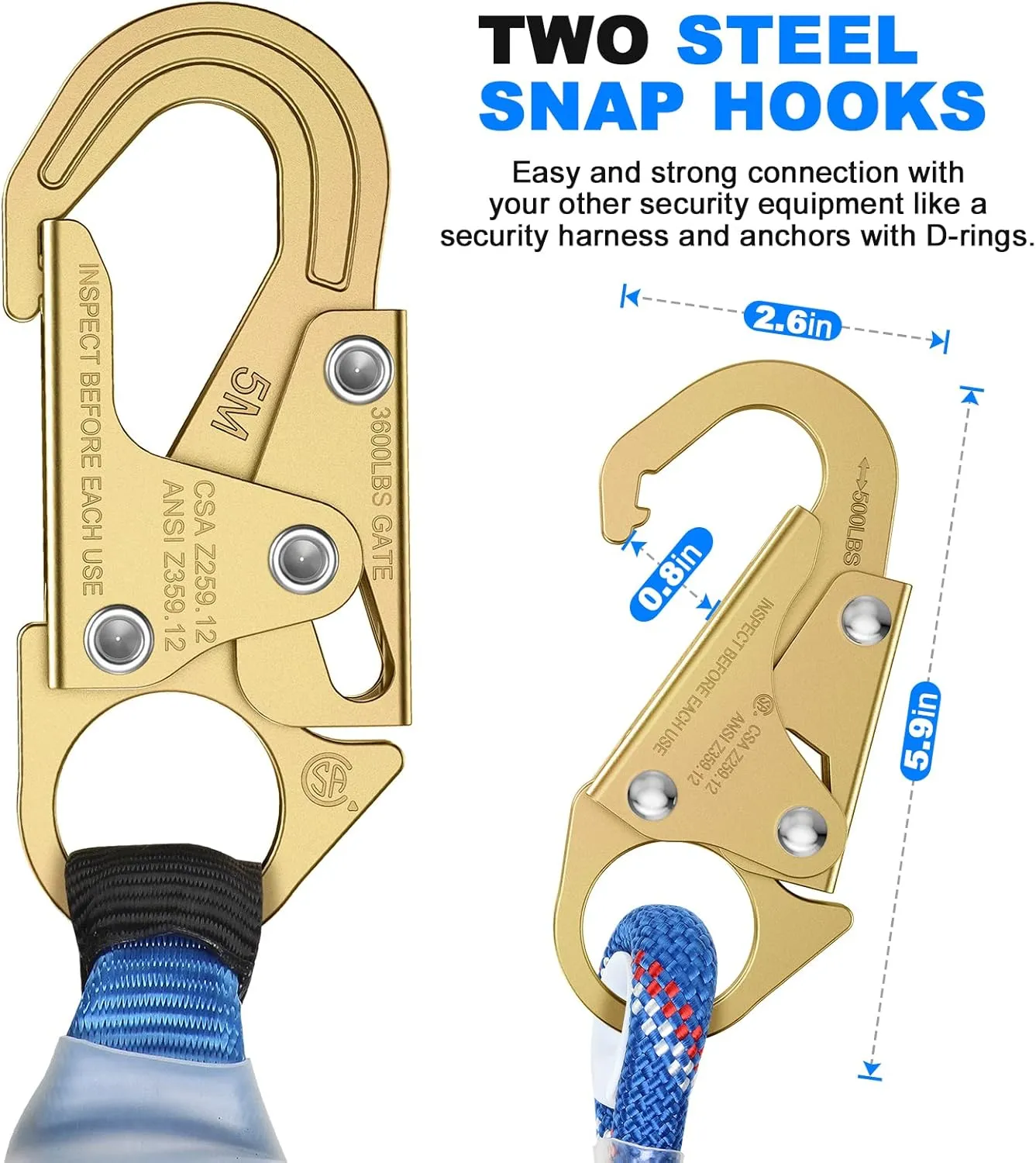 50FT Vertical Lifeline Assembly，Fall Protection Rope with Two Rope Grab Snap Hooks, Shock Absorber，Safety Climbing Equipment Roofing Safety Kit, CE ANSI