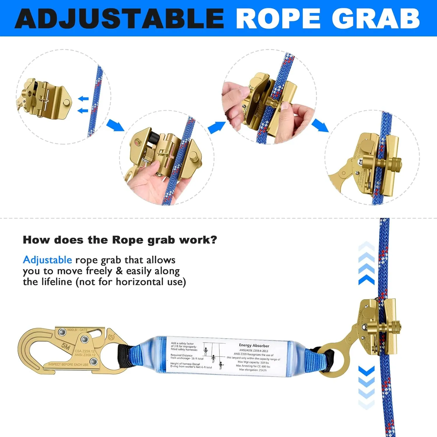 50FT Vertical Lifeline Assembly，Fall Protection Rope with Two Rope Grab Snap Hooks, Shock Absorber，Safety Climbing Equipment Roofing Safety Kit, CE ANSI