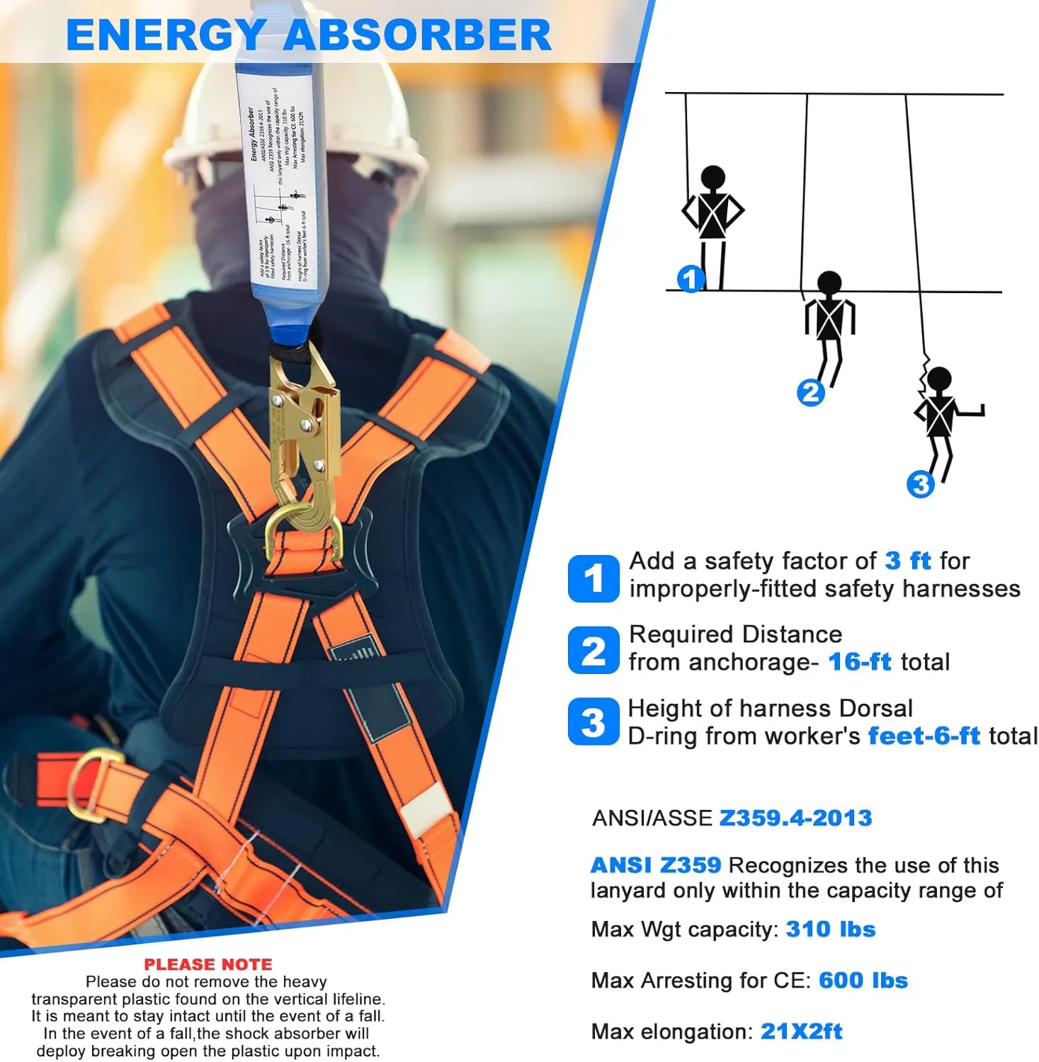 50FT Vertical Lifeline Assembly，Fall Protection Rope with Two Rope Grab Snap Hooks, Shock Absorber，Safety Climbing Equipment Roofing Safety Kit, CE ANSI