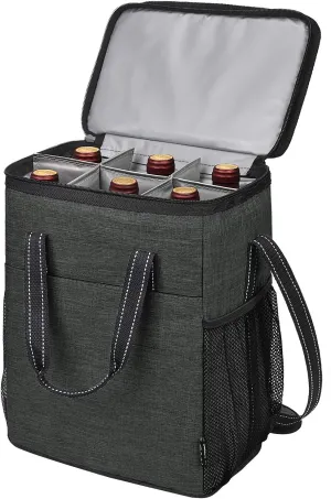 6 Bottle Wine Gift carrier - Insulated & Padded Wine Carrying Cooler Tote Bag with Handle and Adjustable Shoulder Strap for Travel or Picnic, IDEAL Wine Lover Gift, Black