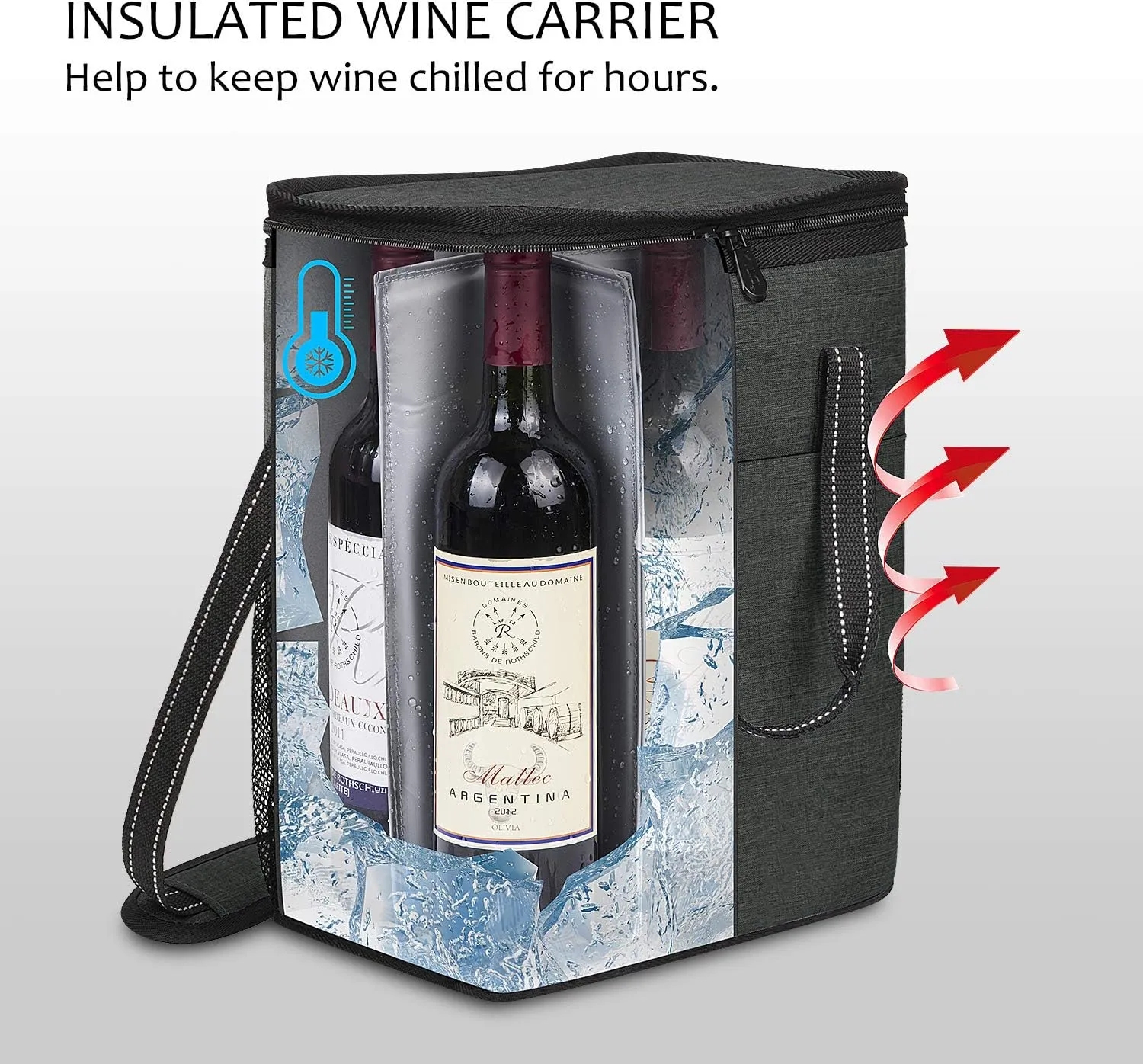 6 Bottle Wine Gift carrier - Insulated & Padded Wine Carrying Cooler Tote Bag with Handle and Adjustable Shoulder Strap for Travel or Picnic, IDEAL Wine Lover Gift, Black