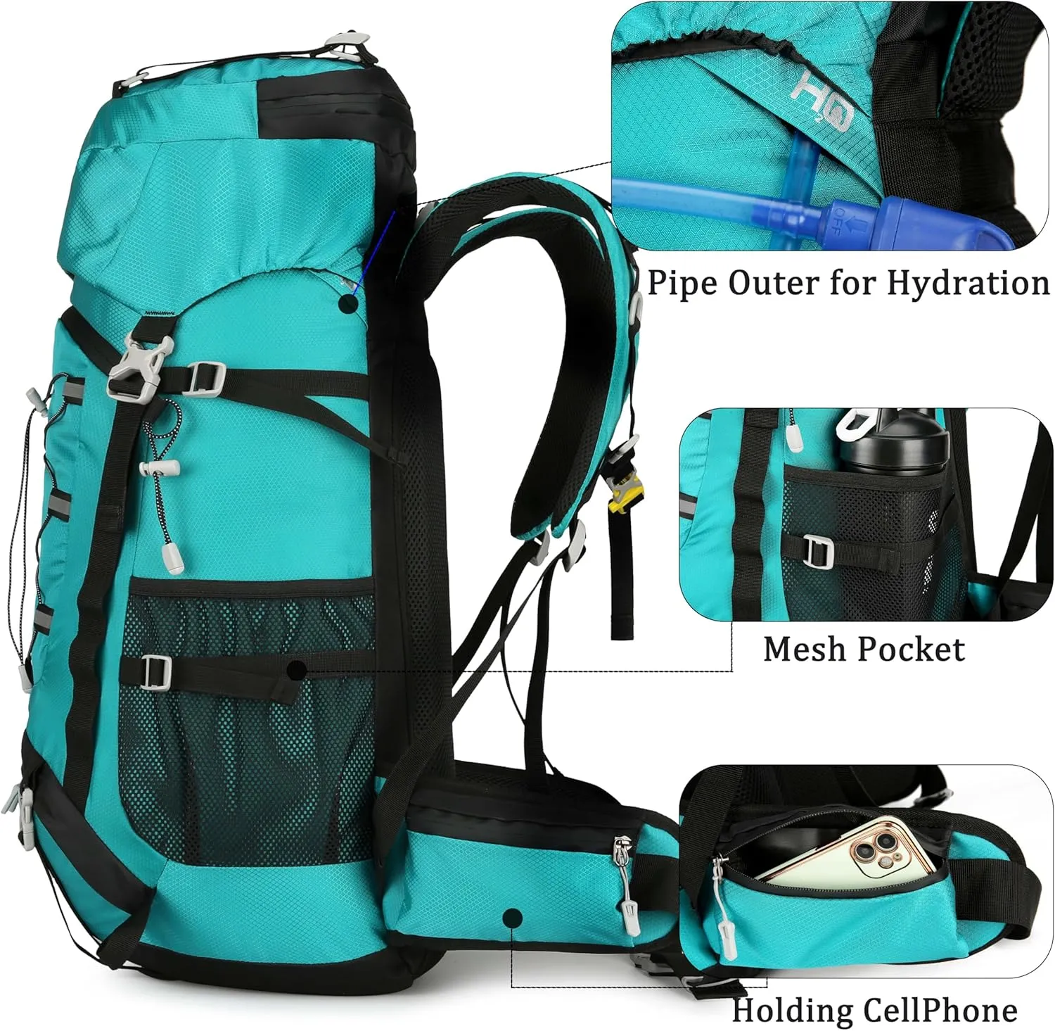 60L Travel Hiking Camping Backpack with Rain Cover, Backpack Water Resistant,Climbing Backpack for Men Women(Lake Blue)