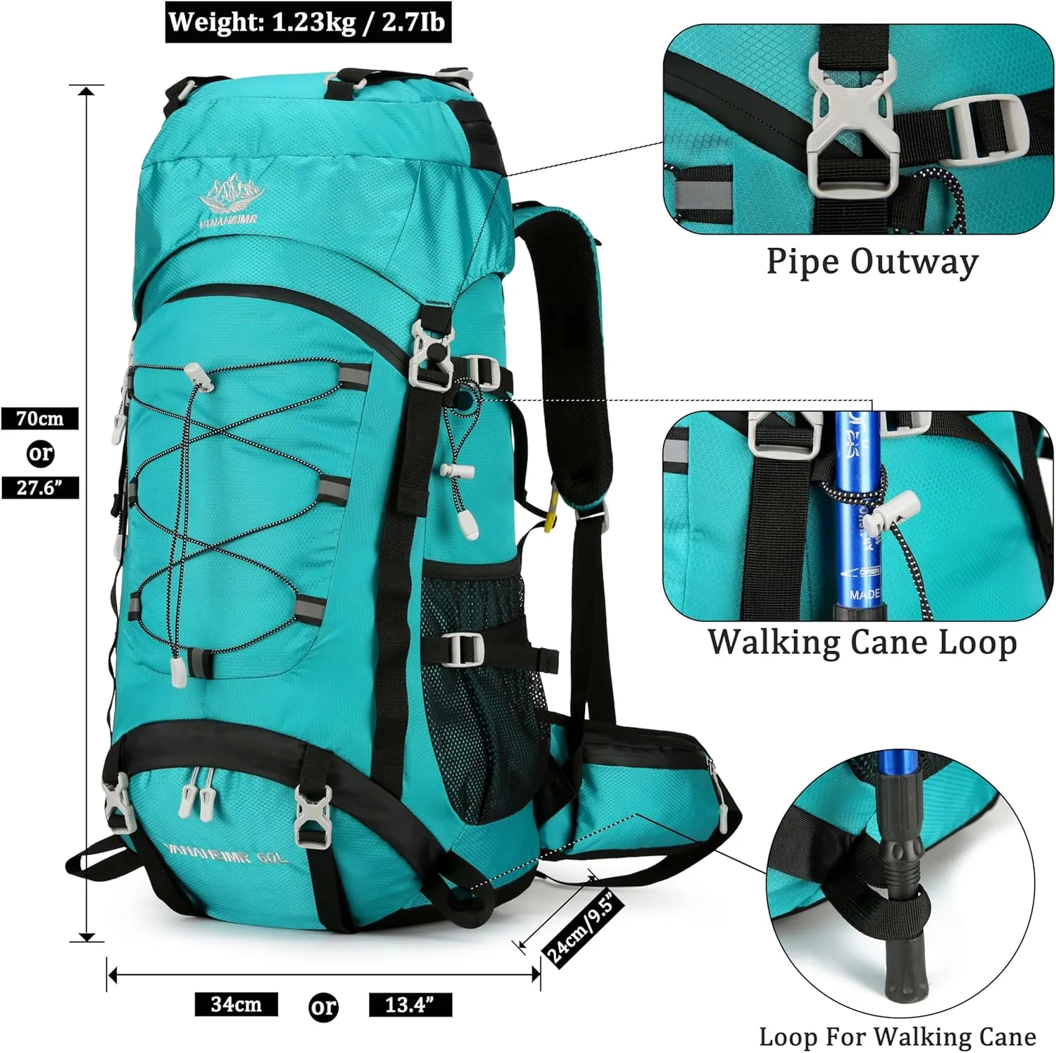 60L Travel Hiking Camping Backpack with Rain Cover, Backpack Water Resistant,Climbing Backpack for Men Women(Lake Blue)