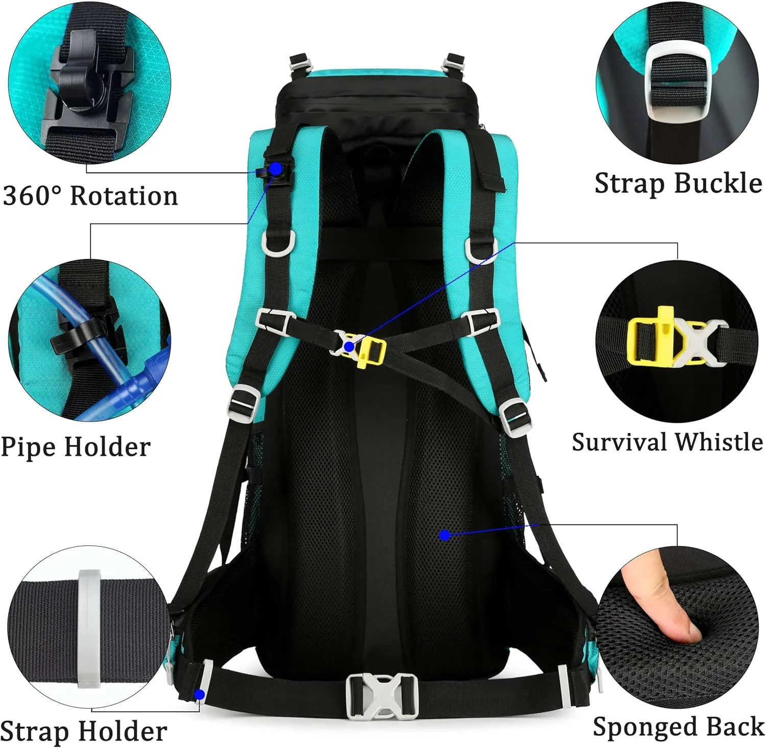 60L Travel Hiking Camping Backpack with Rain Cover, Backpack Water Resistant,Climbing Backpack for Men Women(Lake Blue)