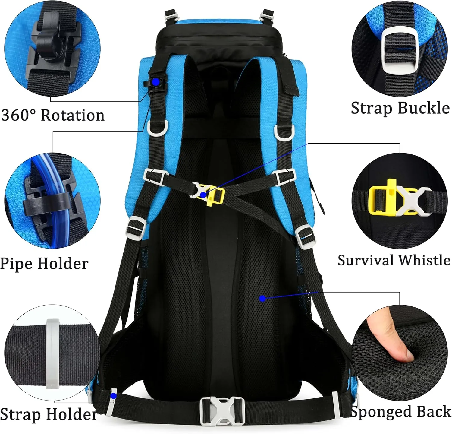 60L Travel Hiking Camping Backpack with Rain Cover, Backpack Water Resistant,Climbing Backpack for Men Women(Sky Blue)