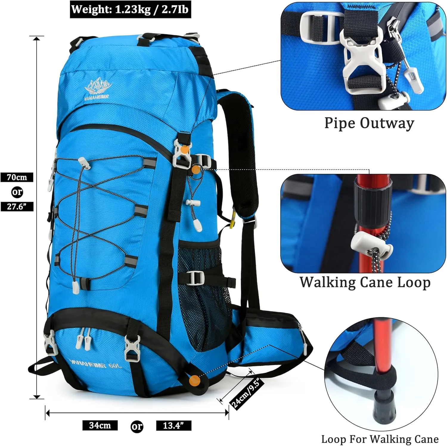 60L Travel Hiking Camping Backpack with Rain Cover, Backpack Water Resistant,Climbing Backpack for Men Women(Sky Blue)