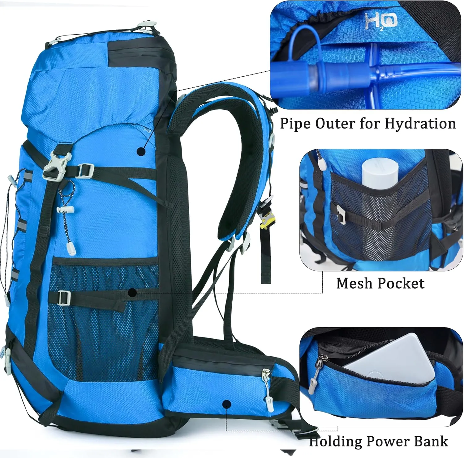 60L Travel Hiking Camping Backpack with Rain Cover, Backpack Water Resistant,Climbing Backpack for Men Women(Sky Blue)