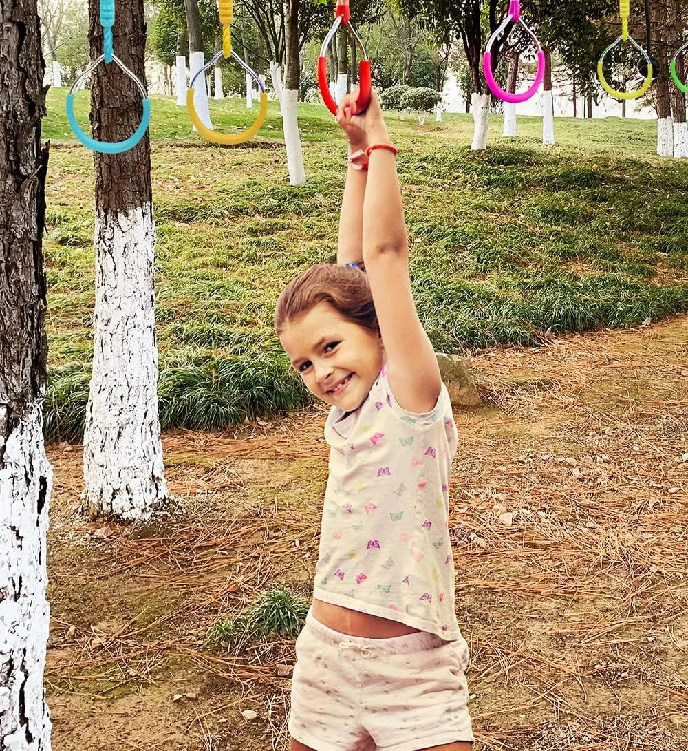 7 Colorful Ninja Rings Fitness Gymnastic Rings Backyard Playground Training Equipment Play Set For Kids Adult, Funny Jungle Gym Fist Swing Monkey Bars Ninja Warrior Obstacle Course Trapeze Accessories