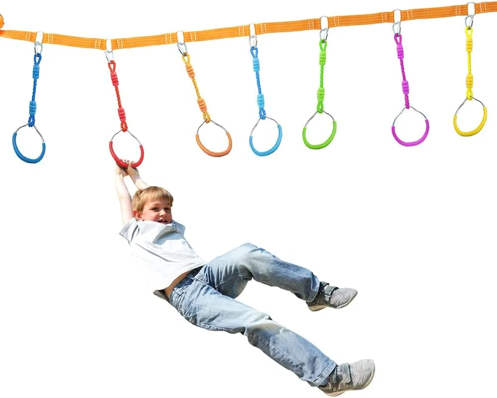 7 Colorful Ninja Rings Fitness Gymnastic Rings Backyard Playground Training Equipment Play Set For Kids Adult, Funny Jungle Gym Fist Swing Monkey Bars Ninja Warrior Obstacle Course Trapeze Accessories