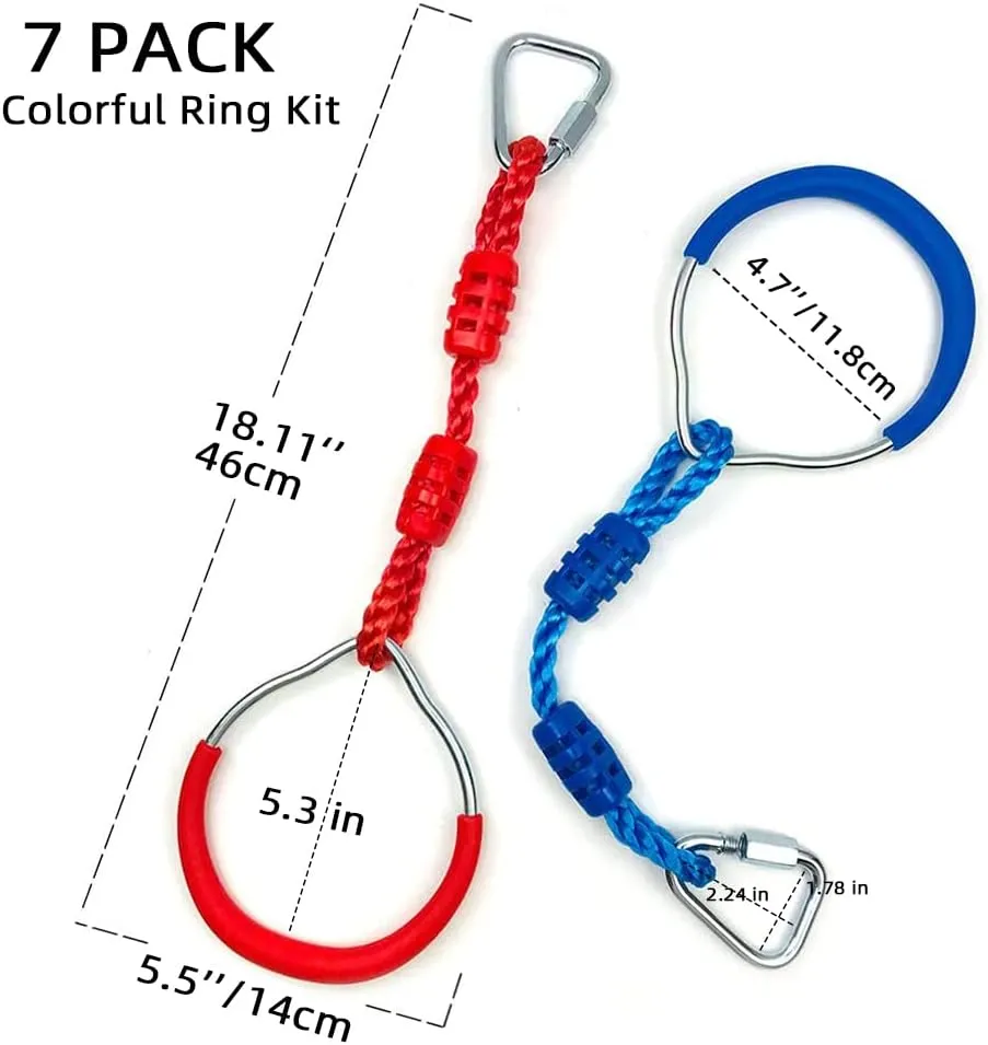 7 Colorful Ninja Rings Fitness Gymnastic Rings Backyard Playground Training Equipment Play Set For Kids Adult, Funny Jungle Gym Fist Swing Monkey Bars Ninja Warrior Obstacle Course Trapeze Accessories