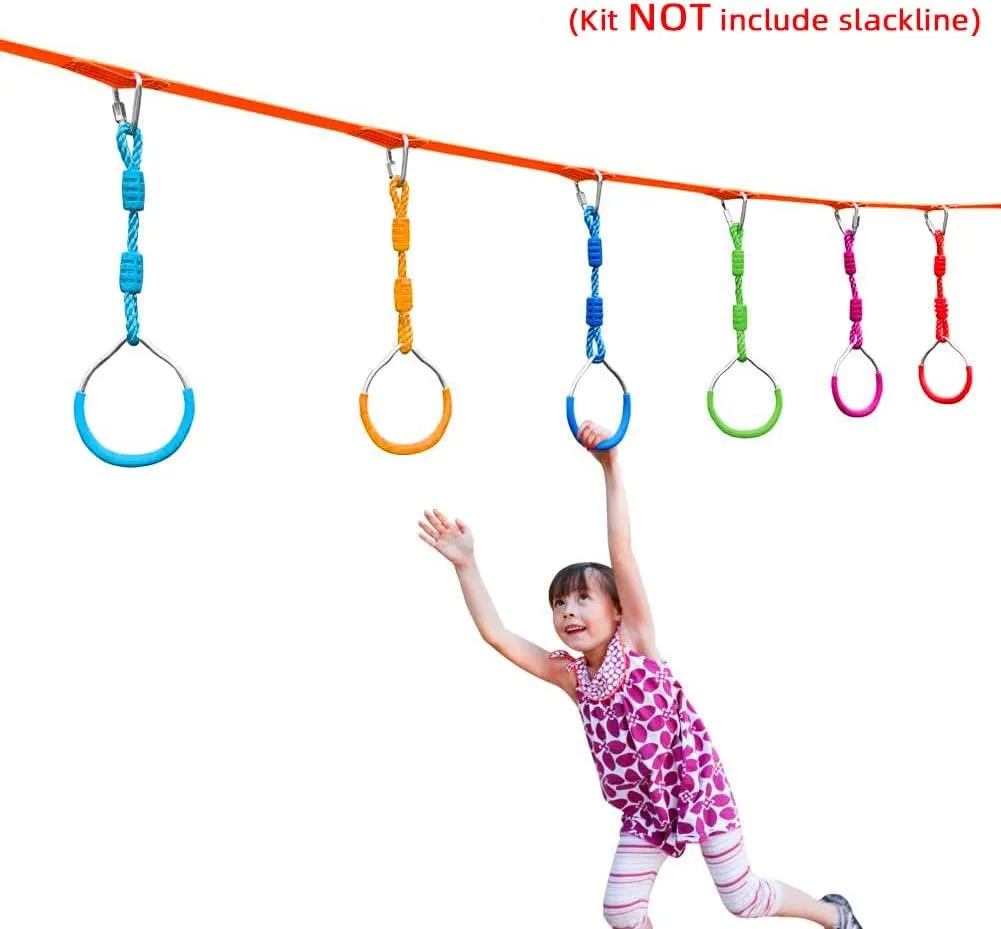 7 Colorful Ninja Rings Fitness Gymnastic Rings Backyard Playground Training Equipment Play Set For Kids Adult, Funny Jungle Gym Fist Swing Monkey Bars Ninja Warrior Obstacle Course Trapeze Accessories