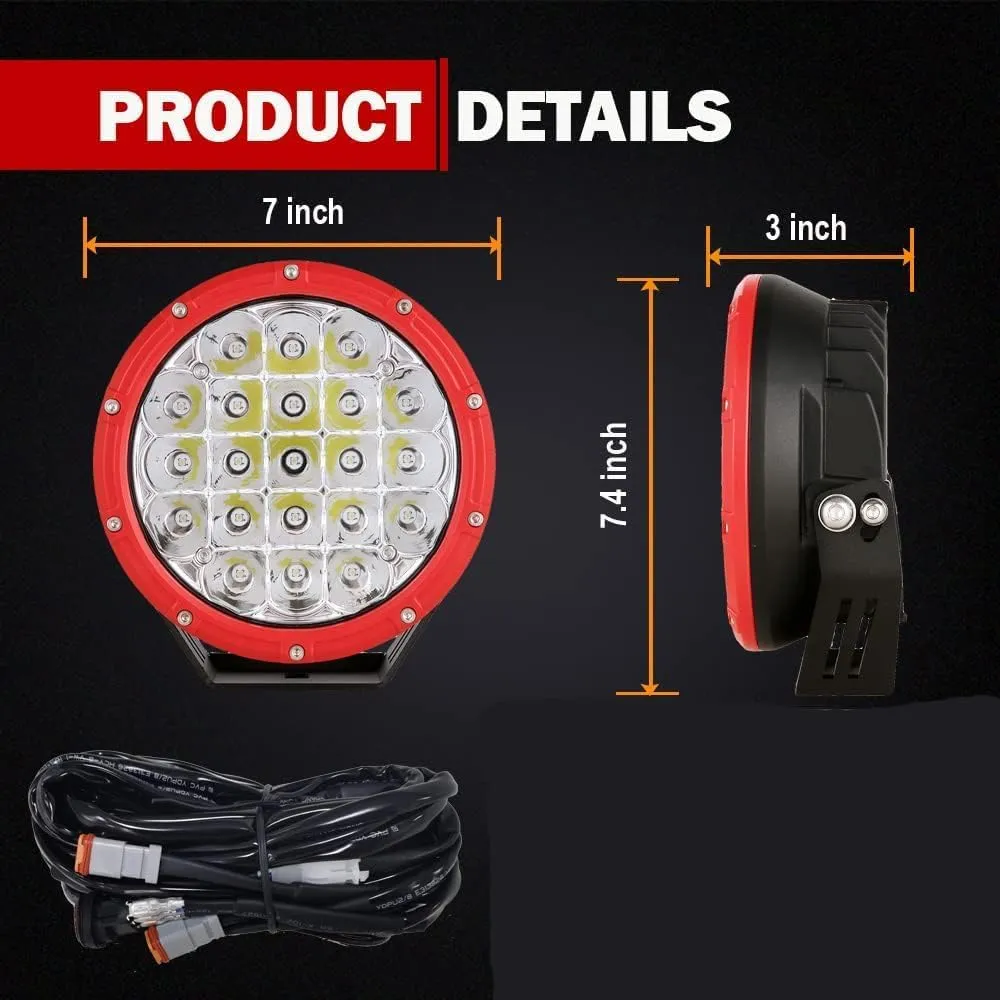 7 Inch Round LED Offroad Lights Red 2pcs 210W 32000LM LED Off Road Lights Super Bright Off Road Lights Driving Lights Amber Offroad Lights with Wiring Harness 12V 24V