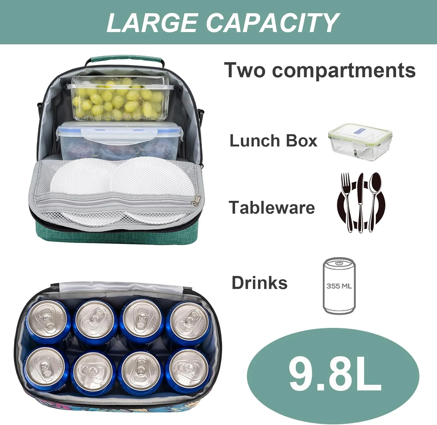 9.8L Insulated Lunch Bag Women Double Deck Lunch Box Leakproof Lunch Cooler Tote for Women Men Work (Green)