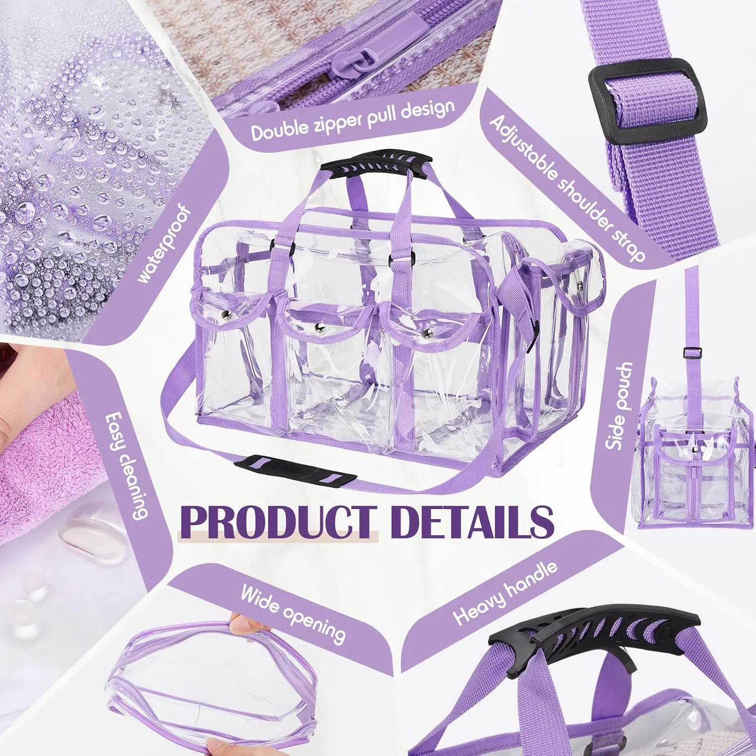 Abbylike 2 Pcs Large Professional Clear PVC Travel Makeup Bag with 4 External Pockets and Shoulder Strap Zippered Toiletry Bags for Women(Purple)