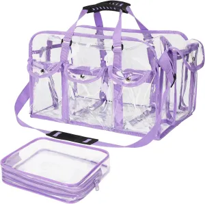 Abbylike 2 Pcs Large Professional Clear PVC Travel Makeup Bag with 4 External Pockets and Shoulder Strap Zippered Toiletry Bags for Women(Purple)