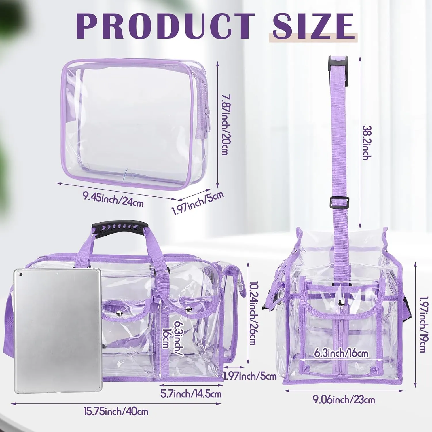Abbylike 2 Pcs Large Professional Clear PVC Travel Makeup Bag with 4 External Pockets and Shoulder Strap Zippered Toiletry Bags for Women(Purple)
