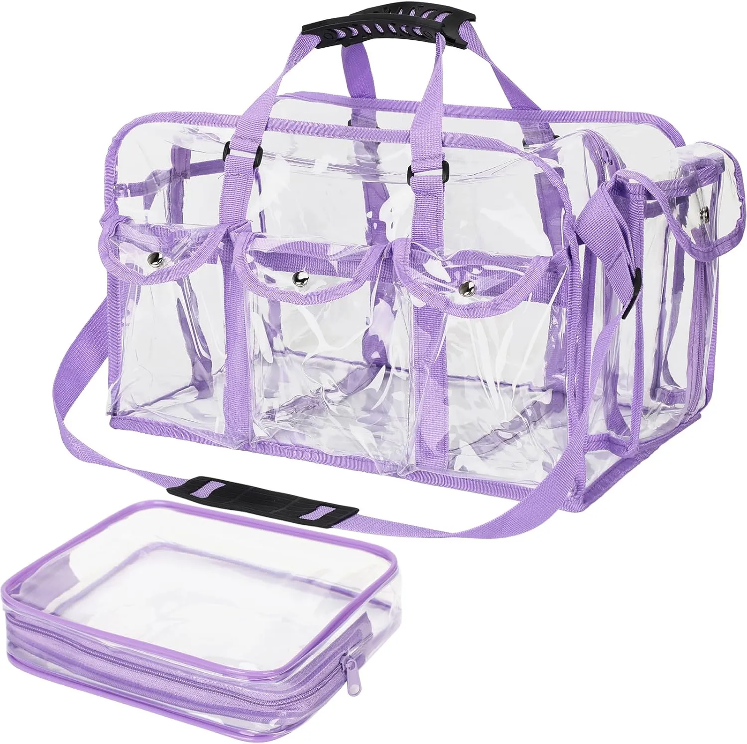 Abbylike 2 Pcs Large Professional Clear PVC Travel Makeup Bag with 4 External Pockets and Shoulder Strap Zippered Toiletry Bags for Women(Purple)