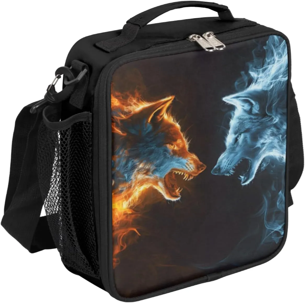 Abstract Ice fiery Wolf Lunch Box for Kids Boys, Reusable Insulated Lunch Bag Thermal Lunchbox Cooler Tote Handbag with Removable Adjustable Shoulder Strap for Adults Women Men Picnic Work School