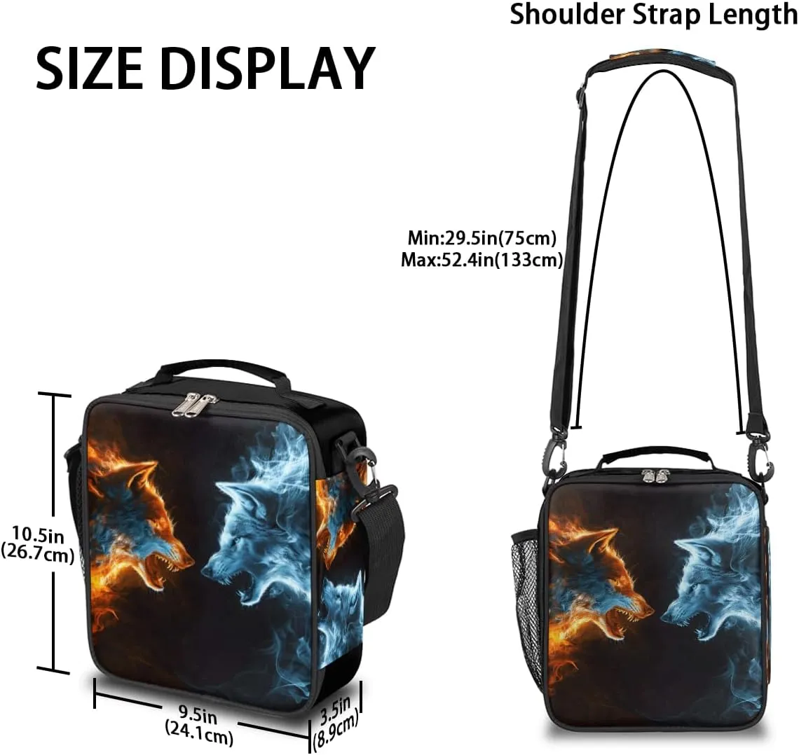Abstract Ice fiery Wolf Lunch Box for Kids Boys, Reusable Insulated Lunch Bag Thermal Lunchbox Cooler Tote Handbag with Removable Adjustable Shoulder Strap for Adults Women Men Picnic Work School