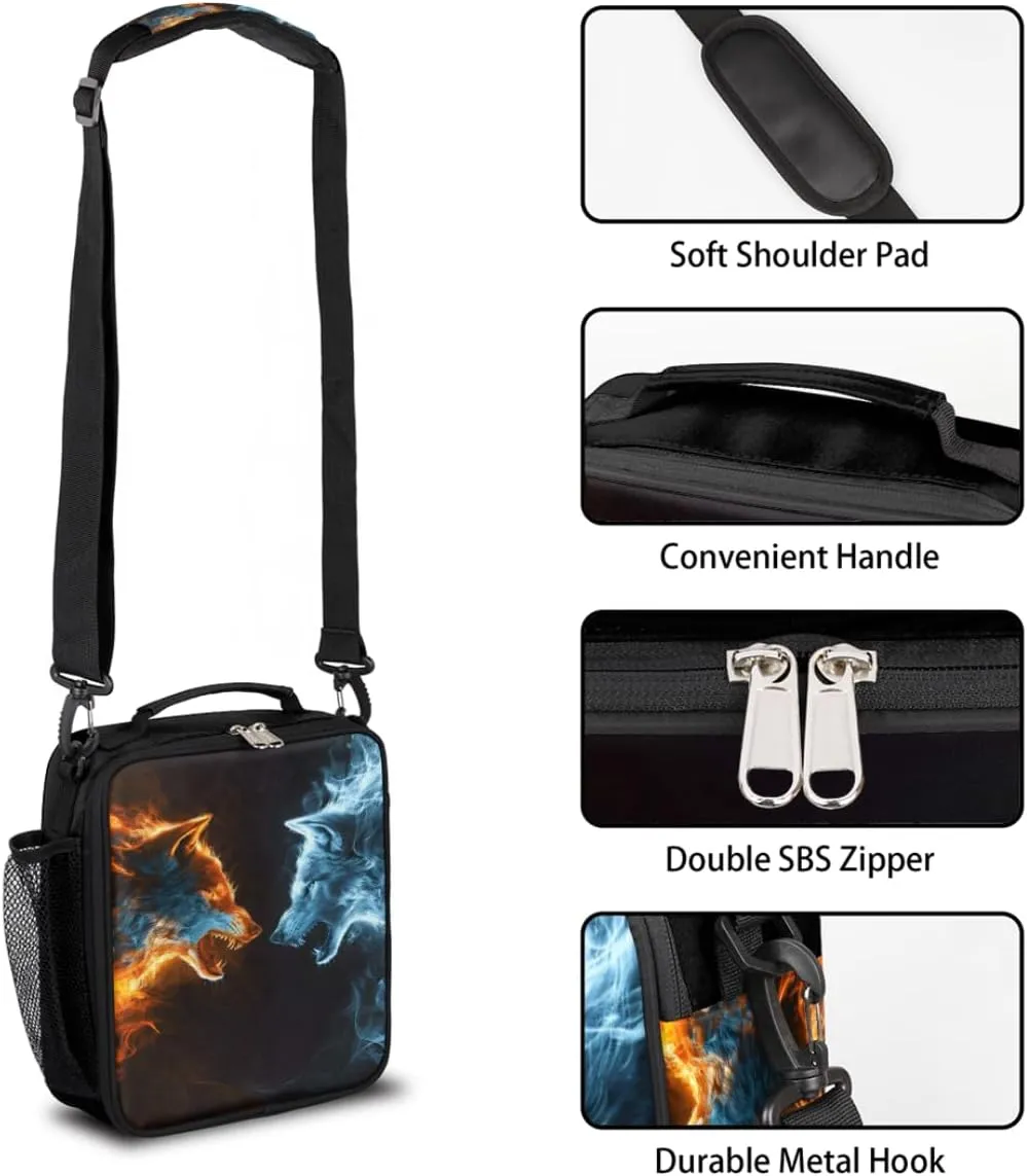 Abstract Ice fiery Wolf Lunch Box for Kids Boys, Reusable Insulated Lunch Bag Thermal Lunchbox Cooler Tote Handbag with Removable Adjustable Shoulder Strap for Adults Women Men Picnic Work School
