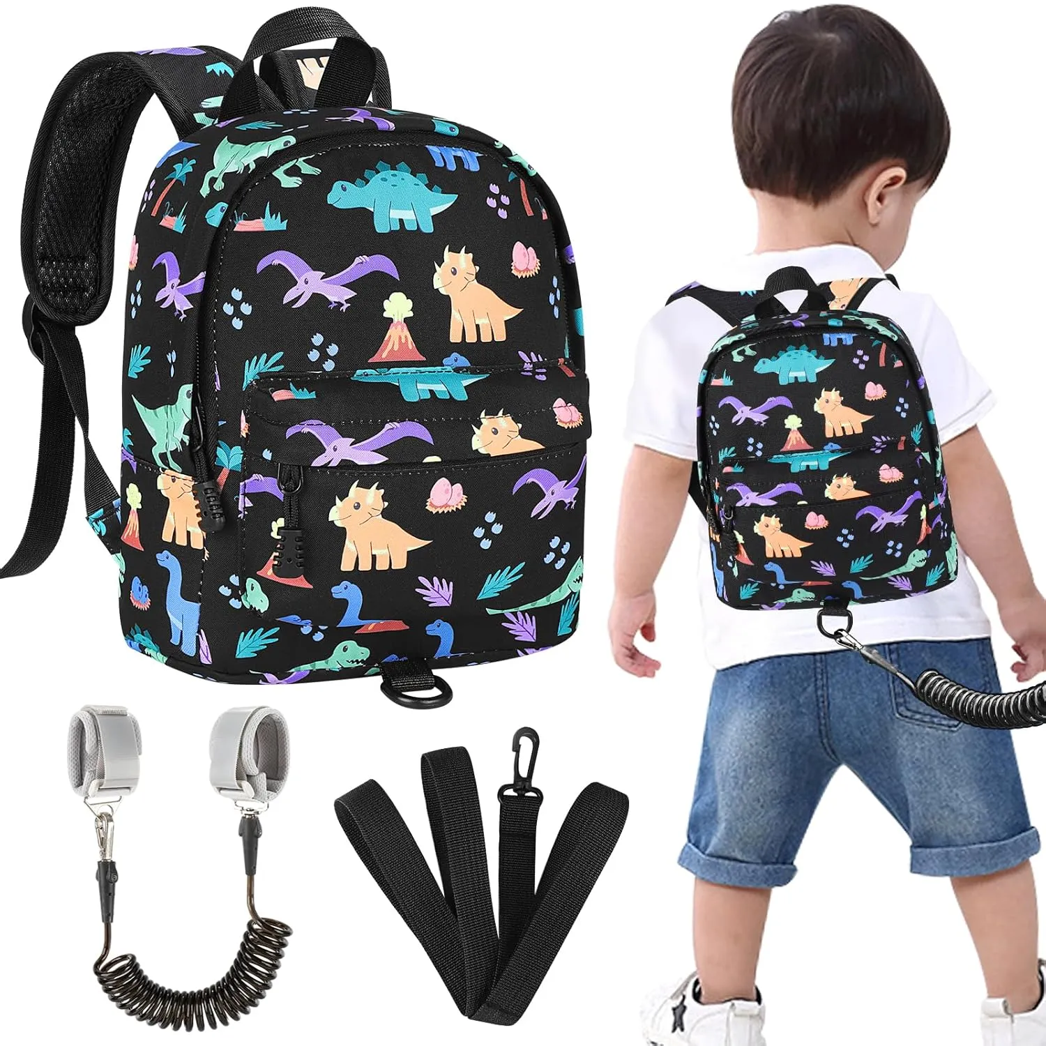 Accmor Toddler Backpack with Leash, Cute Dinosaur Kids Backpack   Anti Lost Wrist Link, Mini Child Backpack Leash Baby Walking Harness for Outdoor Travel, Adorable Backpack Tether for Boys Age 1-3