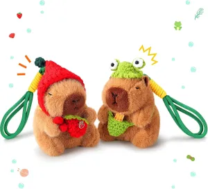 Achwishap 2PCS Capybara Plush Keychain,Cute Keychain Capybara Stuffed Animal,Soft Capybara Plush Toys Key Chain,Kawaii Plushie Weaving Hat Stuffed Toys for Kids Adults(Red Strawberry,Green Corn)