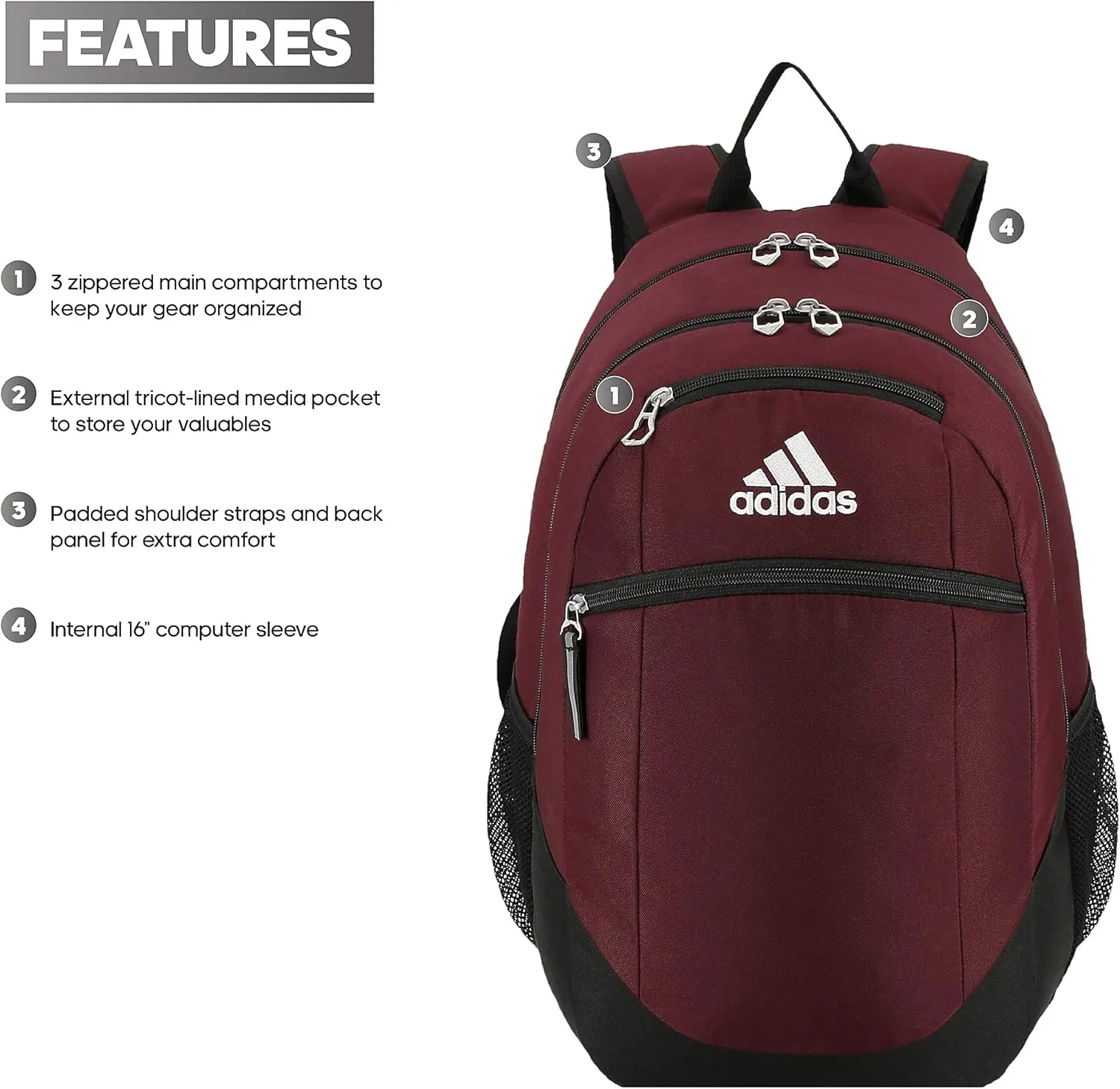 adidas Striker Sports Backpack for Soccer and More, Workout Bag for Men and Women, Team Maroon/Black/White, One Size