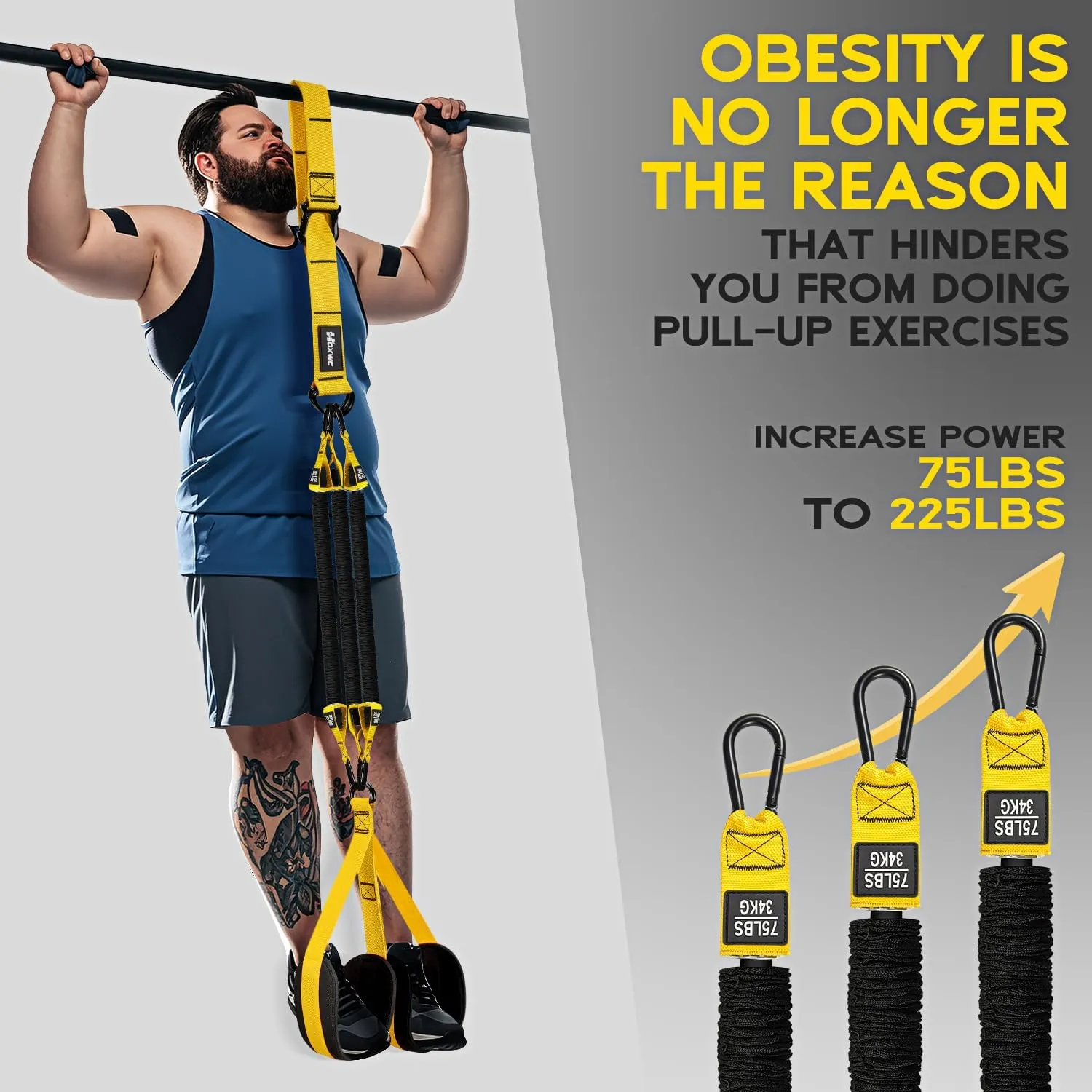 Adjustable Heavy Duty Resistance Bands for Pull Up Assistance - 3 Bands, Comfortable Fabric Feet/Knee Rest, Home Fitness, Body Stretching, Chin Up