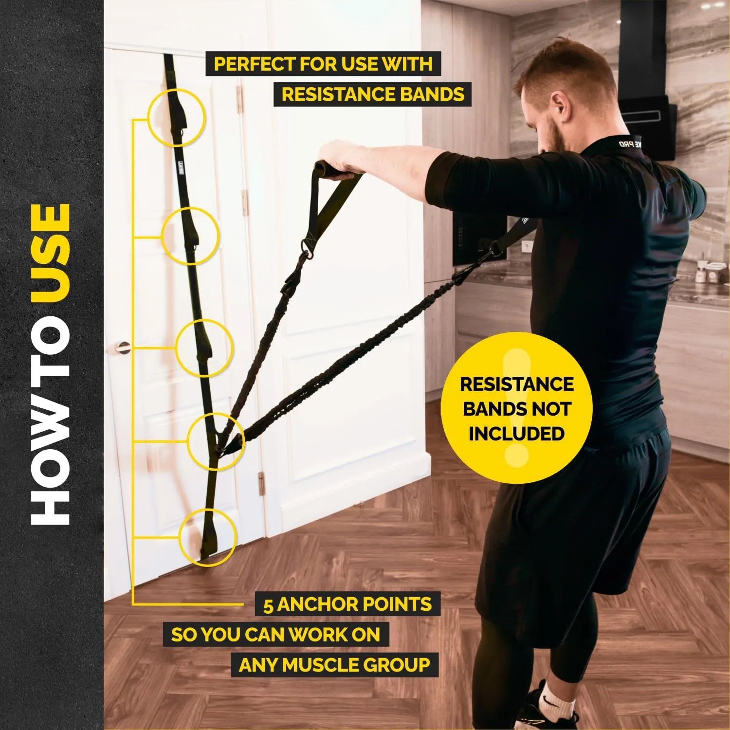 Adjustable Resistance Band Anchor - Door Anchor with 5 Loops & Metal Rings, Durable Nylon Strap for Full-Body Workouts