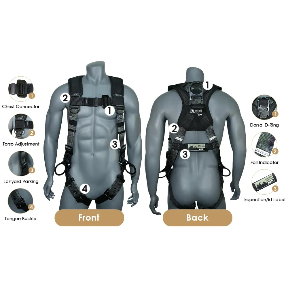AFP Digital Camouflage Universal Fall Protection Ergonomic Comfort Safety Harness, Soft Pressure-Relieving Perforated Breathable Padded Foam Shoulder, 3 D-Rings, Tongue Buckle, Mating Buckle