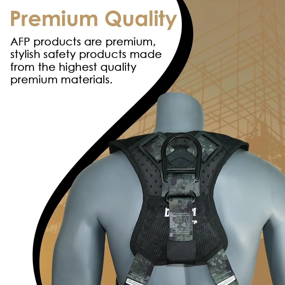AFP Digital Camouflage Universal Fall Protection Ergonomic Comfort Safety Harness, Soft Pressure-Relieving Perforated Breathable Padded Foam Shoulder, 3 D-Rings, Tongue Buckle, Mating Buckle