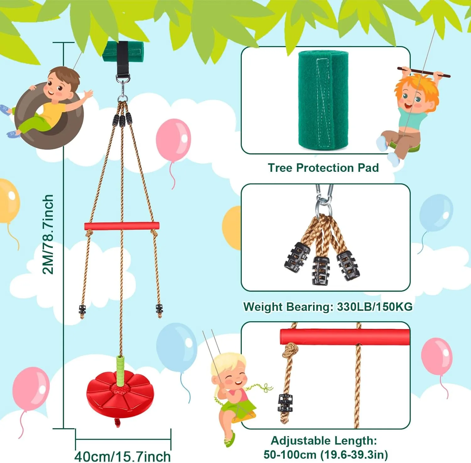 AGPTEK Disc Swing with Monkey Bars, Tree Swing Set Accessories Rope Disk Swing Seat with Carabiner and 22in Hanging Strap Heavy Duty Swingset for Zipline Outdoor Playground, Jungle & Gym (Red)