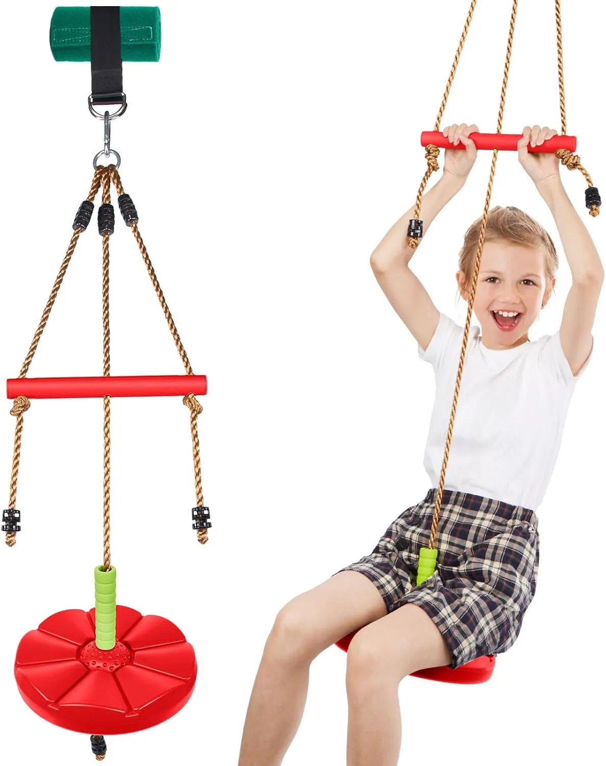 AGPTEK Disc Swing with Monkey Bars, Tree Swing Set Accessories Rope Disk Swing Seat with Carabiner and 22in Hanging Strap Heavy Duty Swingset for Zipline Outdoor Playground, Jungle & Gym (Red)