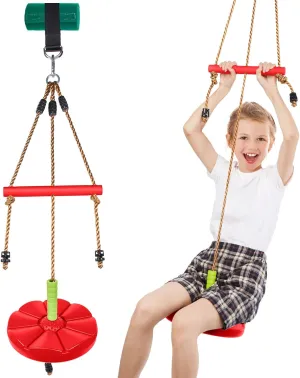 AGPTEK Disc Swing with Monkey Bars, Tree Swing Set Accessories Rope Disk Swing Seat with Carabiner and 22in Hanging Strap Heavy Duty Swingset for Zipline Outdoor Playground, Jungle & Gym (Red)