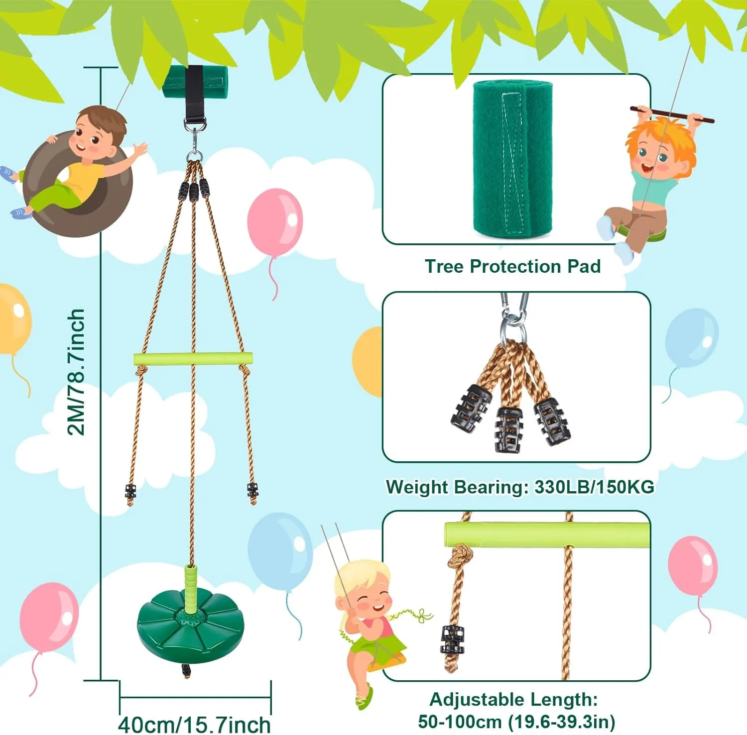 AGPTEK Disc Swing with Monkey Bars,Tree Swing Set Accessories Rope Disk Swing Seat with Carabiner and 22in Hanging Strap Heavy Duty Swingset for Zipline Outdoor Playground, Jungle & Gym(Green)