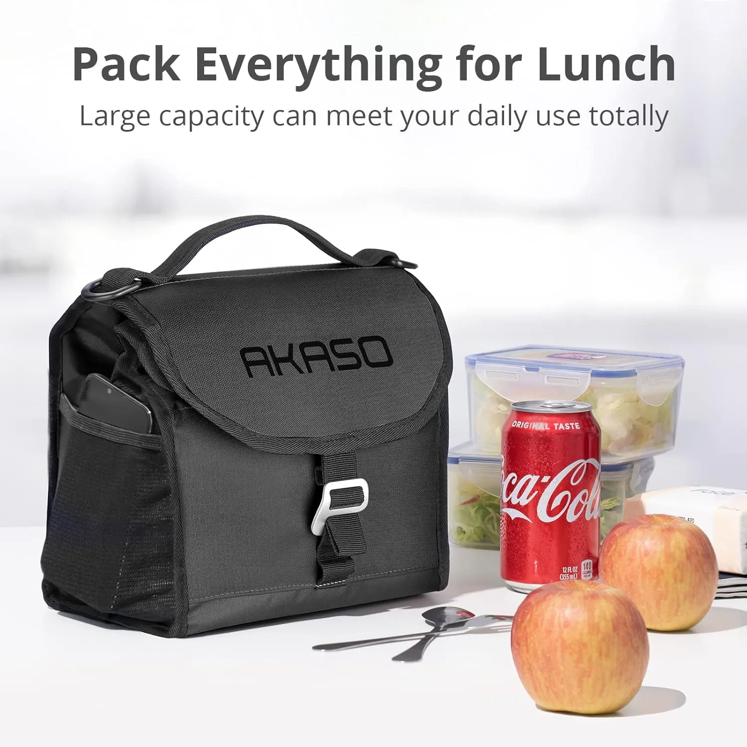 AKASO Insulated Cooler Lunch Bag Packable Lunch Box 12 Can Cooler Bag with Adjustable Shoulder Strap for Office Picnic, Black