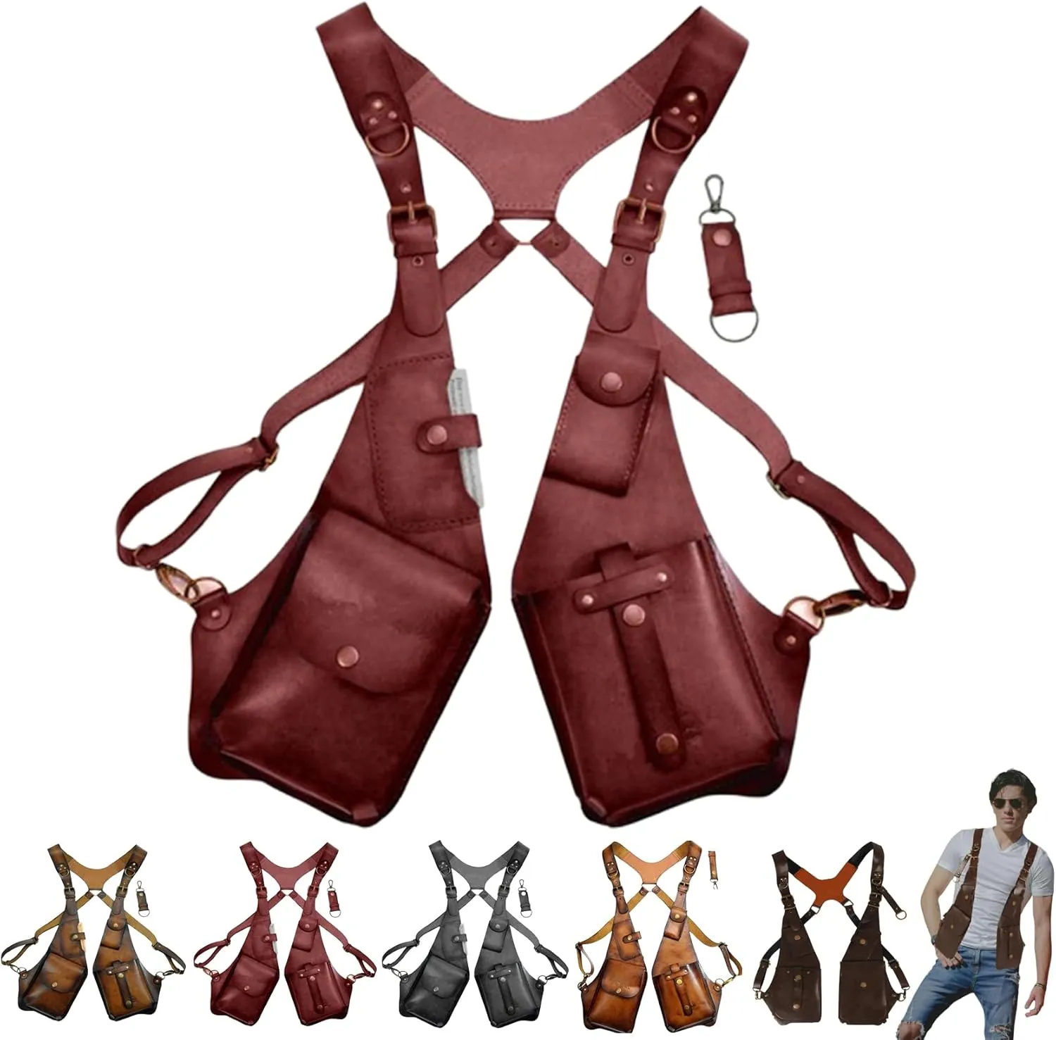 Alkyne 2024 New Anti-Theft Leather Harness, Brown Leather Double Shoulder Bag With Pocket, Retro Underarm Shoulder Holster Bag