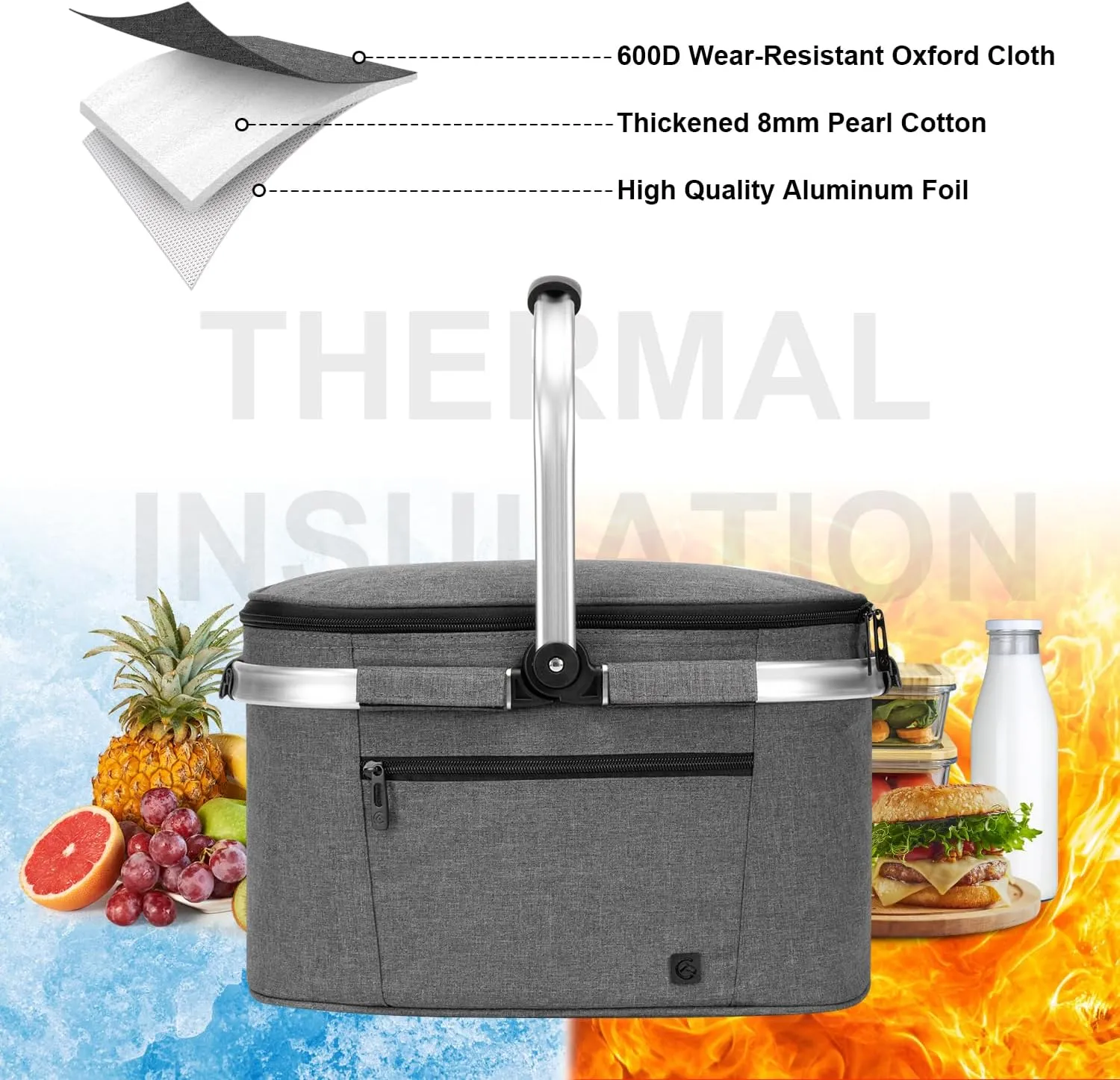 ALLCAMP Insulated Cooler Bag Portable Collapsible Picnic Basket Cooler Bag Collapsible, Leakproof, Lightweightwith Sewn in Frame (Medium Gray)