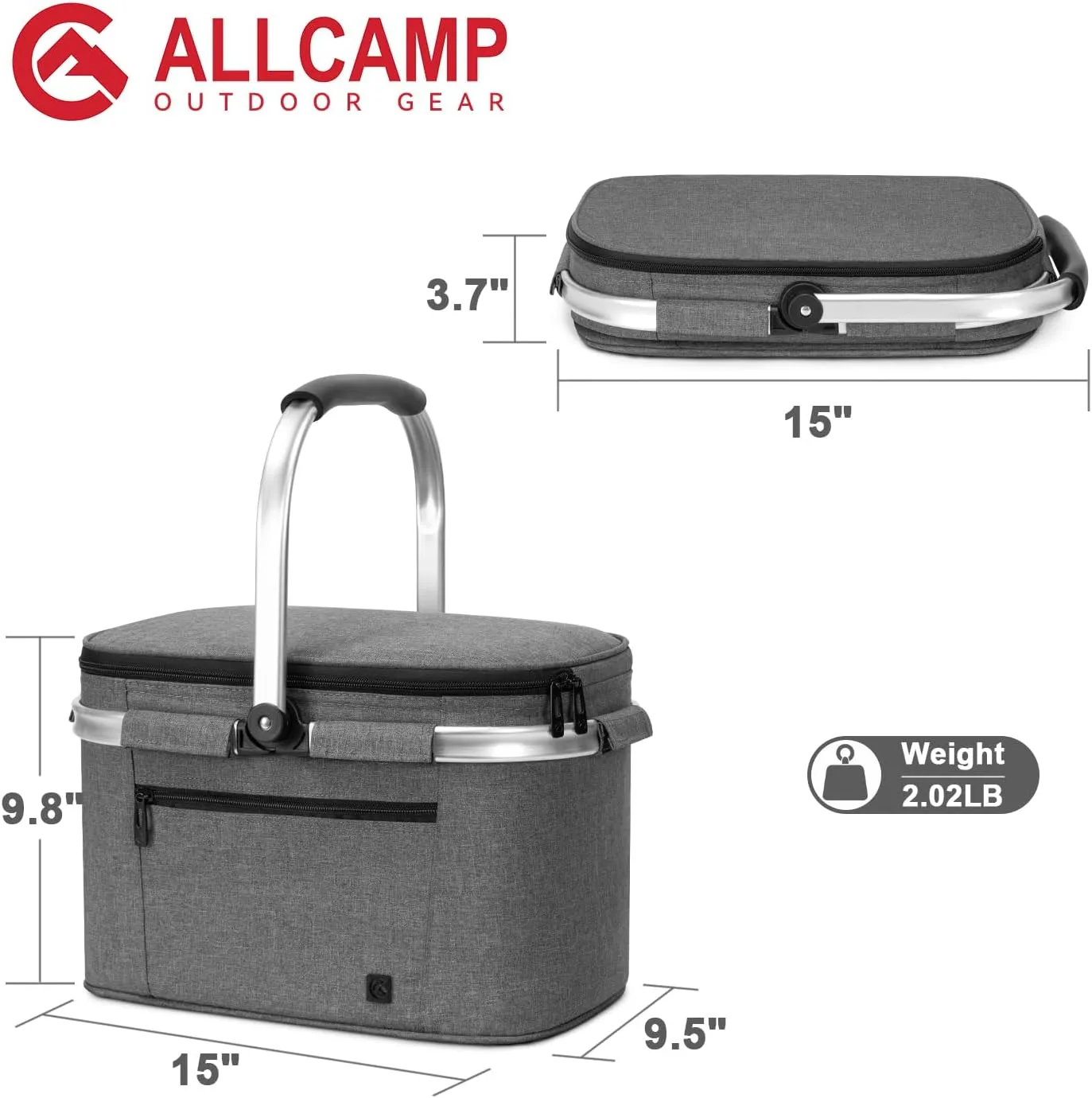 ALLCAMP Insulated Cooler Bag Portable Collapsible Picnic Basket Cooler Bag Collapsible, Leakproof, Lightweightwith Sewn in Frame (Medium Gray)